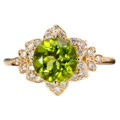 Anello con peridoto da 2 carati e accenti di diamanti naturali in oro massiccio 14K  RD 7 mm