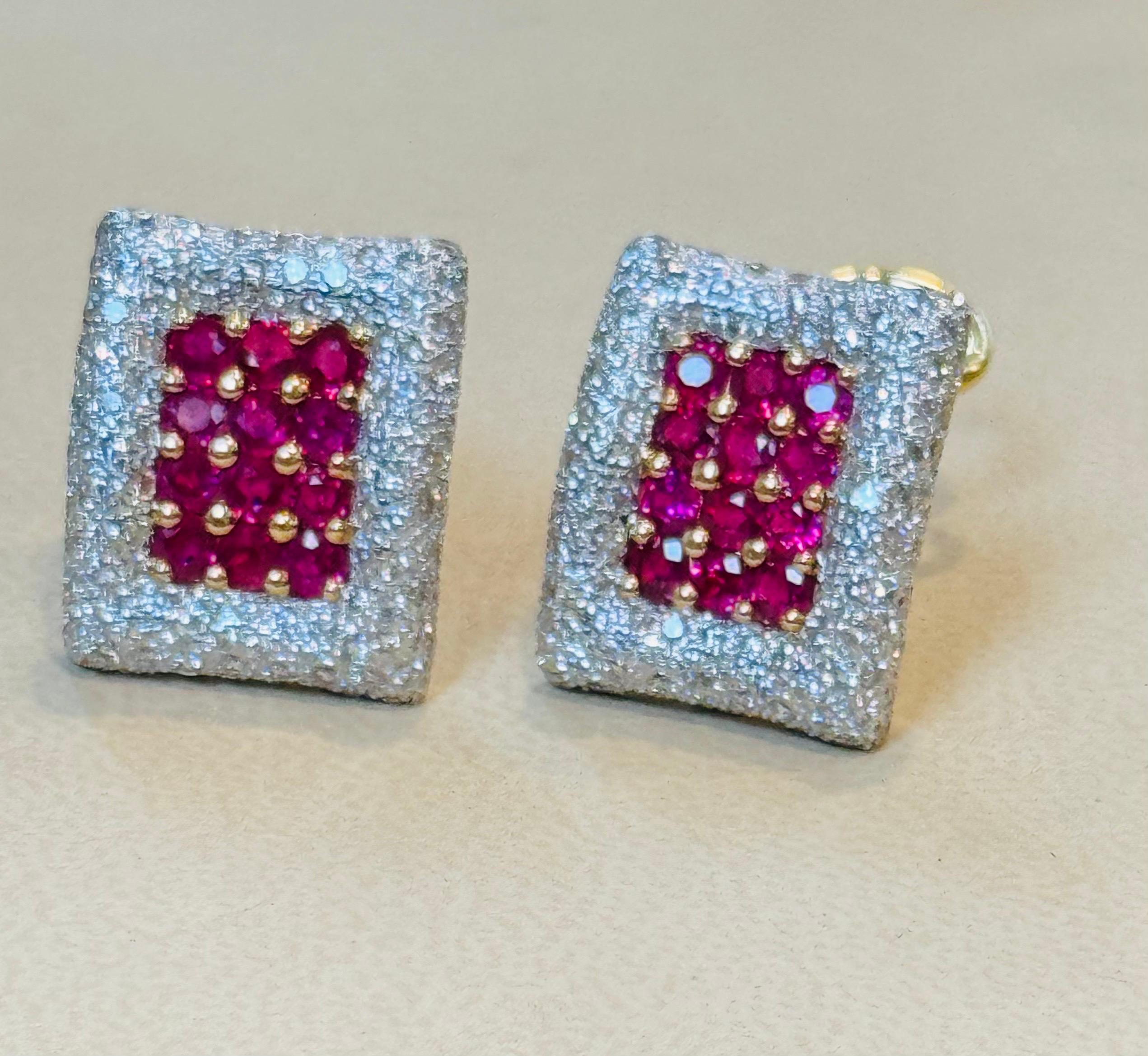 Estate 3 Ct Ruby & 3 Ct Diamonds Square Post Earrings 18 Karat Yellow Gold 13.5G For Sale 6