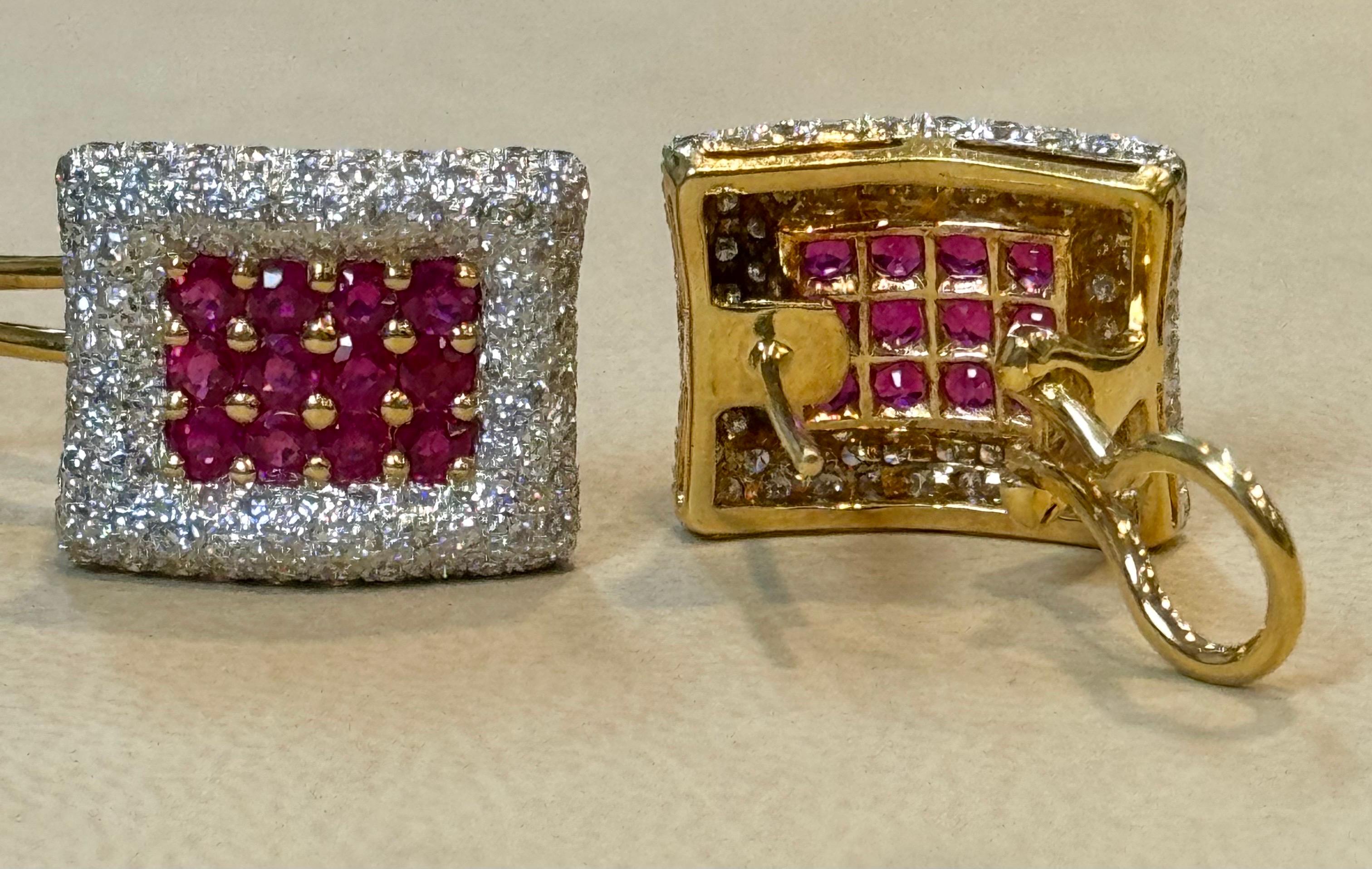Estate 3 Ct Ruby & 3 Ct Diamonds Square Post Earrings 18 Karat Yellow Gold 13.5G For Sale 7