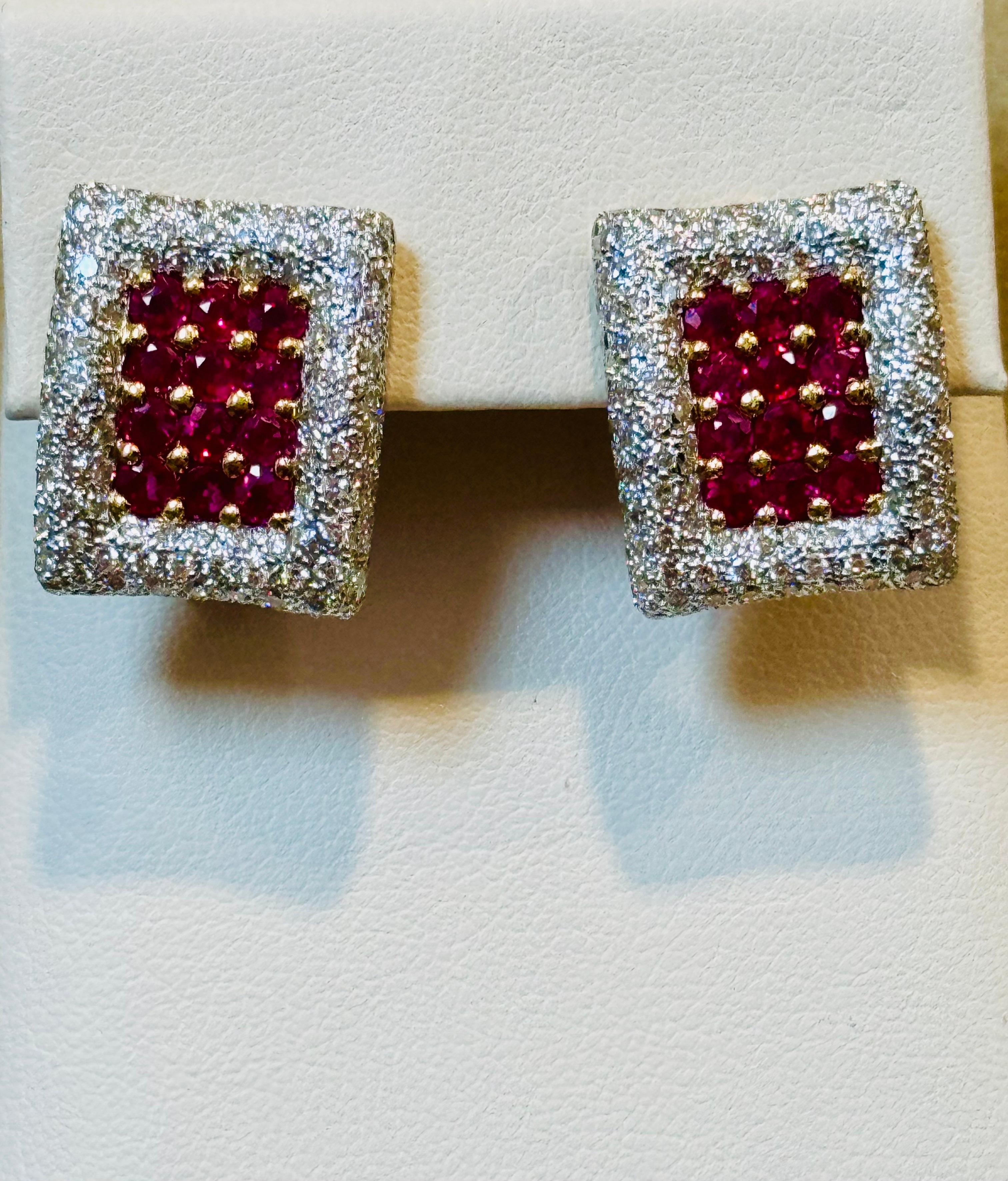 Estate 3 Ct Ruby & 3 Ct Diamonds Square Post Earrings 18 Karat Yellow Gold 13.5G For Sale 8