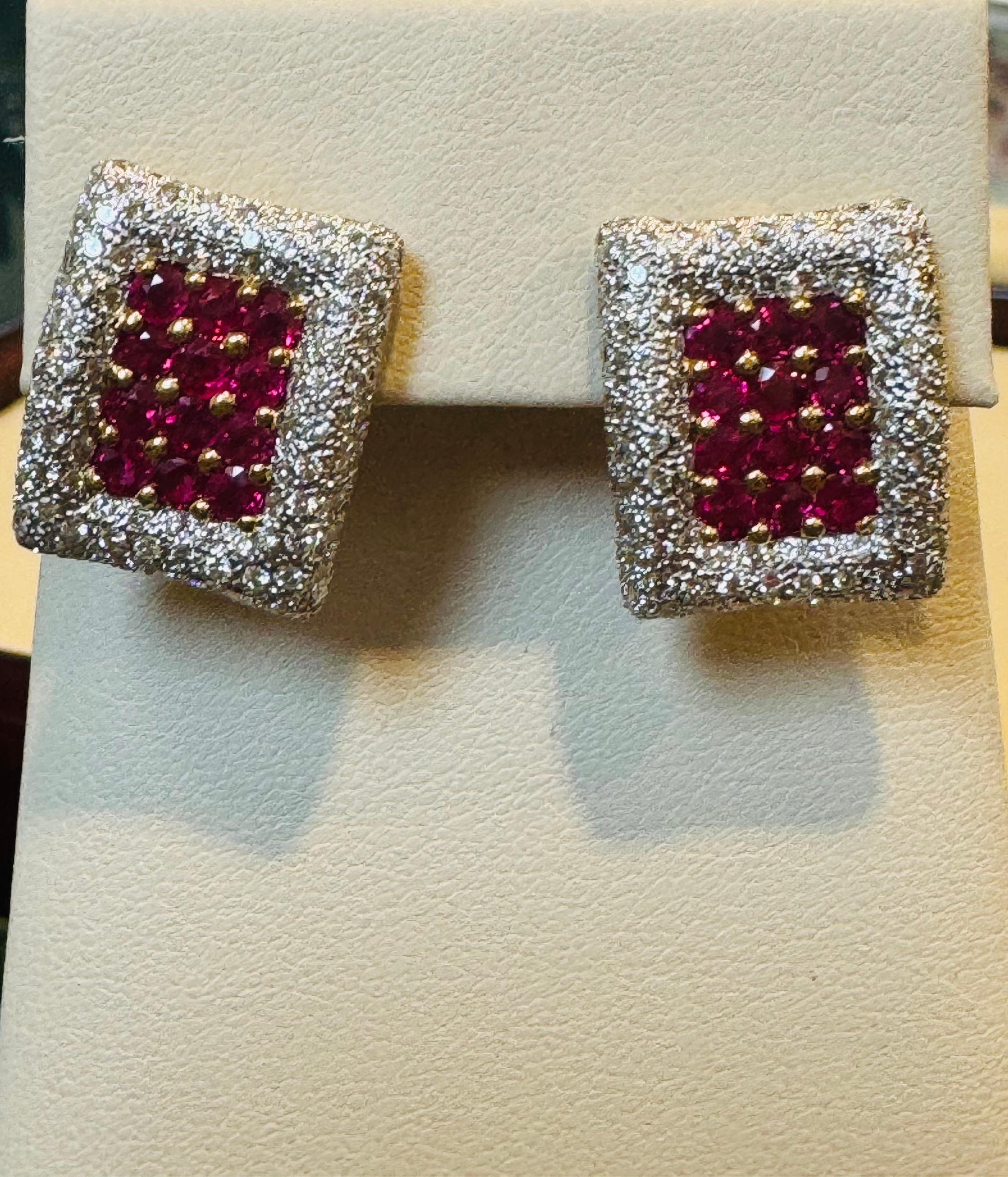 Estate 3 Ct Ruby & 3 Ct Diamonds Square Post Earrings 18 Karat Yellow Gold 13.5G For Sale 9