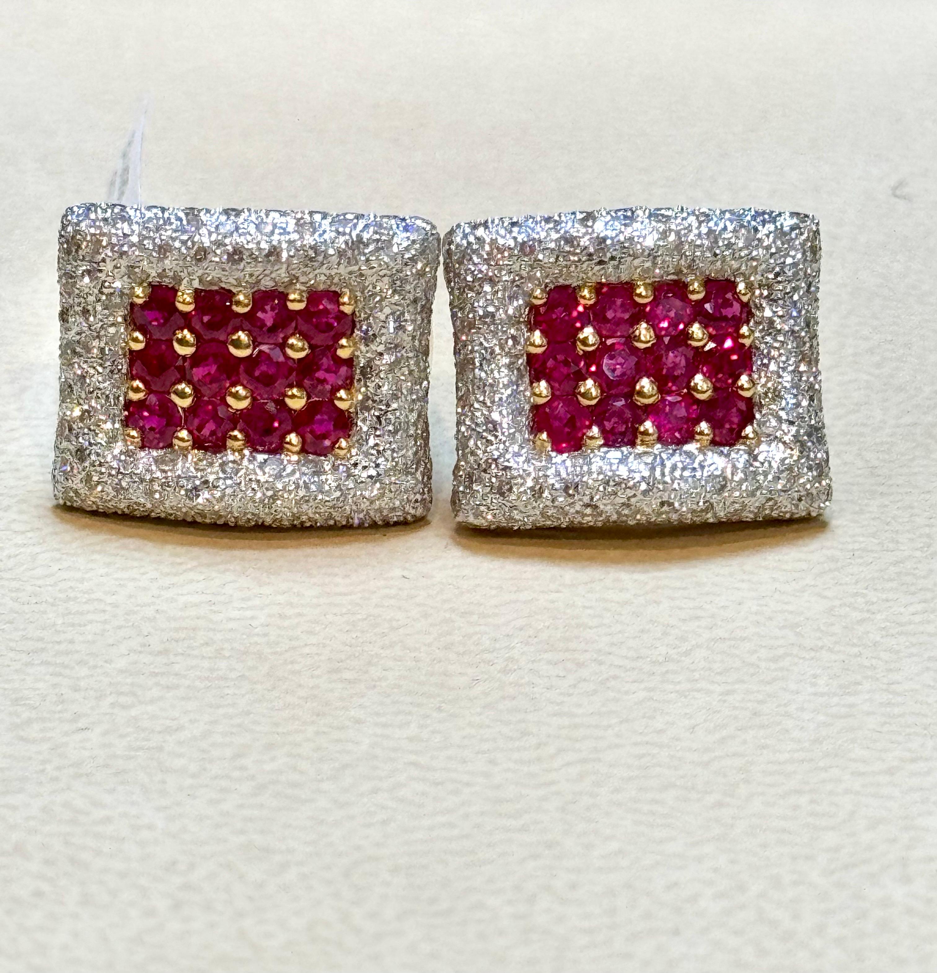 Earrings look exactly like the profile picture or the 1st picture . My phone could not captured the beauty of ruby and diamonds. Color of ruby is fabulous. 
Estate 3 Ct Ruby & 3 Ct Diamonds Square Post Earrings 18 Karat Yellow Gold 13.5 Gm
This