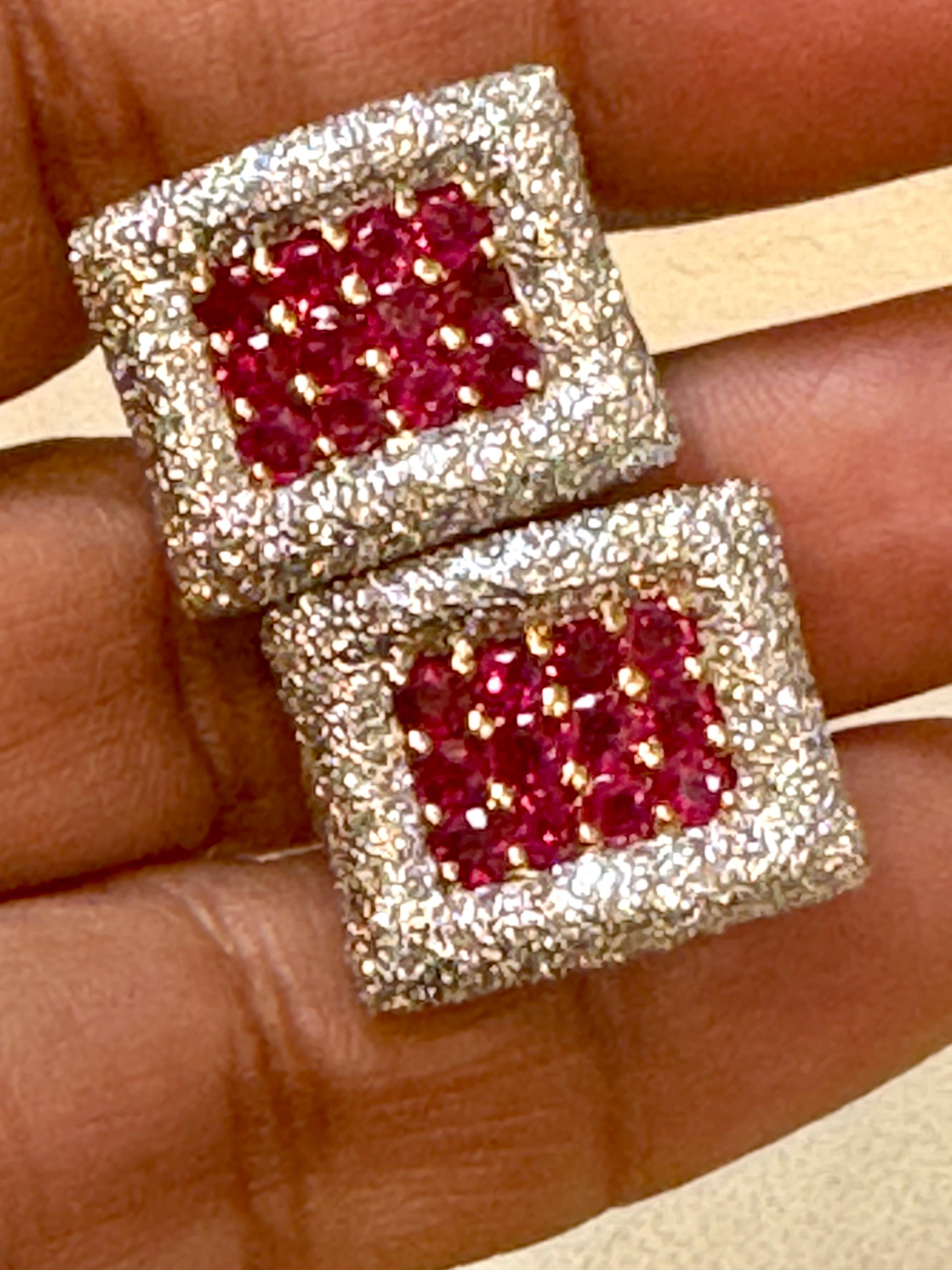 Round Cut Estate 3 Ct Ruby & 3 Ct Diamonds Square Post Earrings 18 Karat Yellow Gold 13.5G For Sale