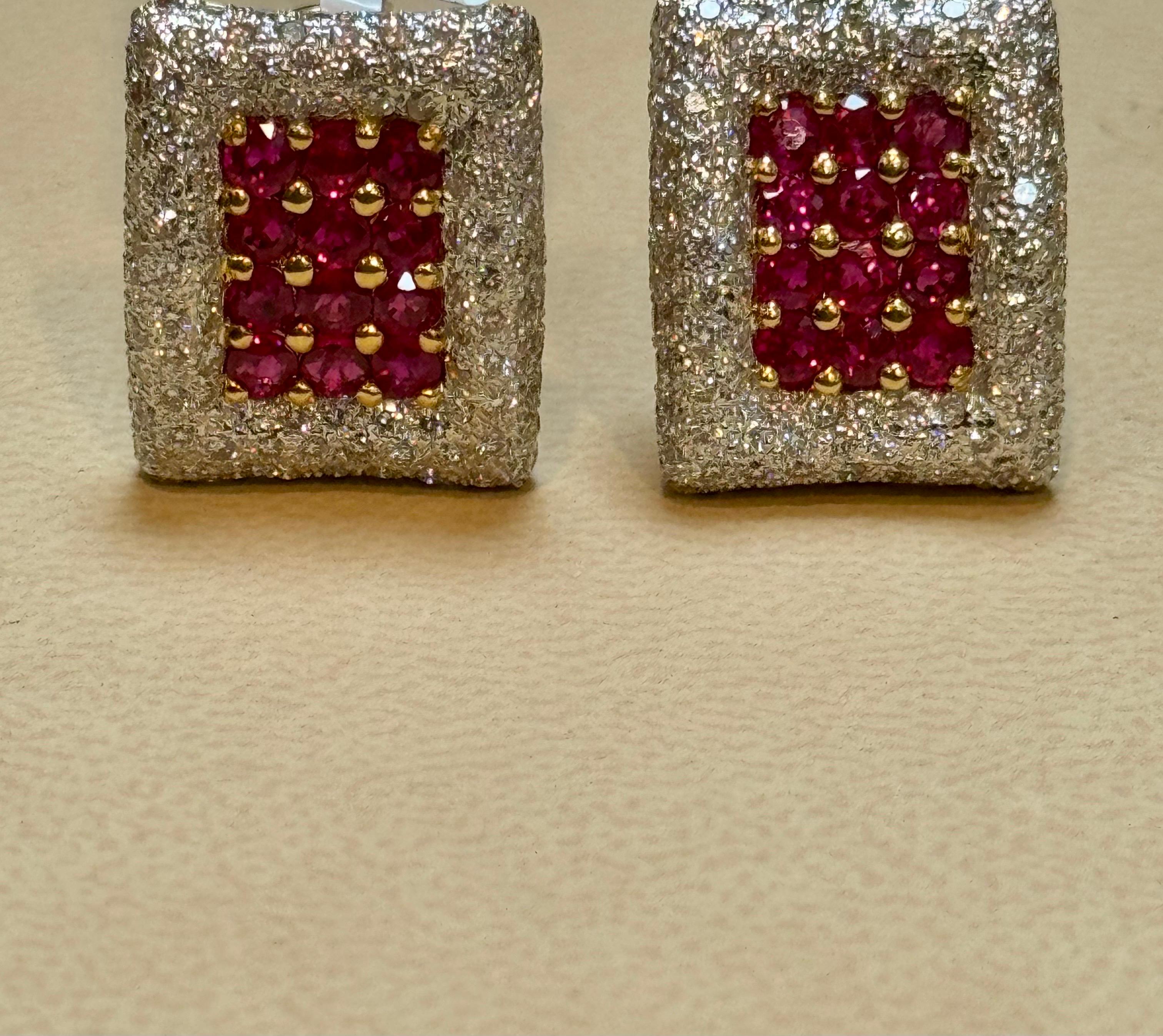 Estate 3 Ct Ruby & 3 Ct Diamonds Square Post Earrings 18 Karat Yellow Gold 13.5G In Excellent Condition For Sale In New York, NY