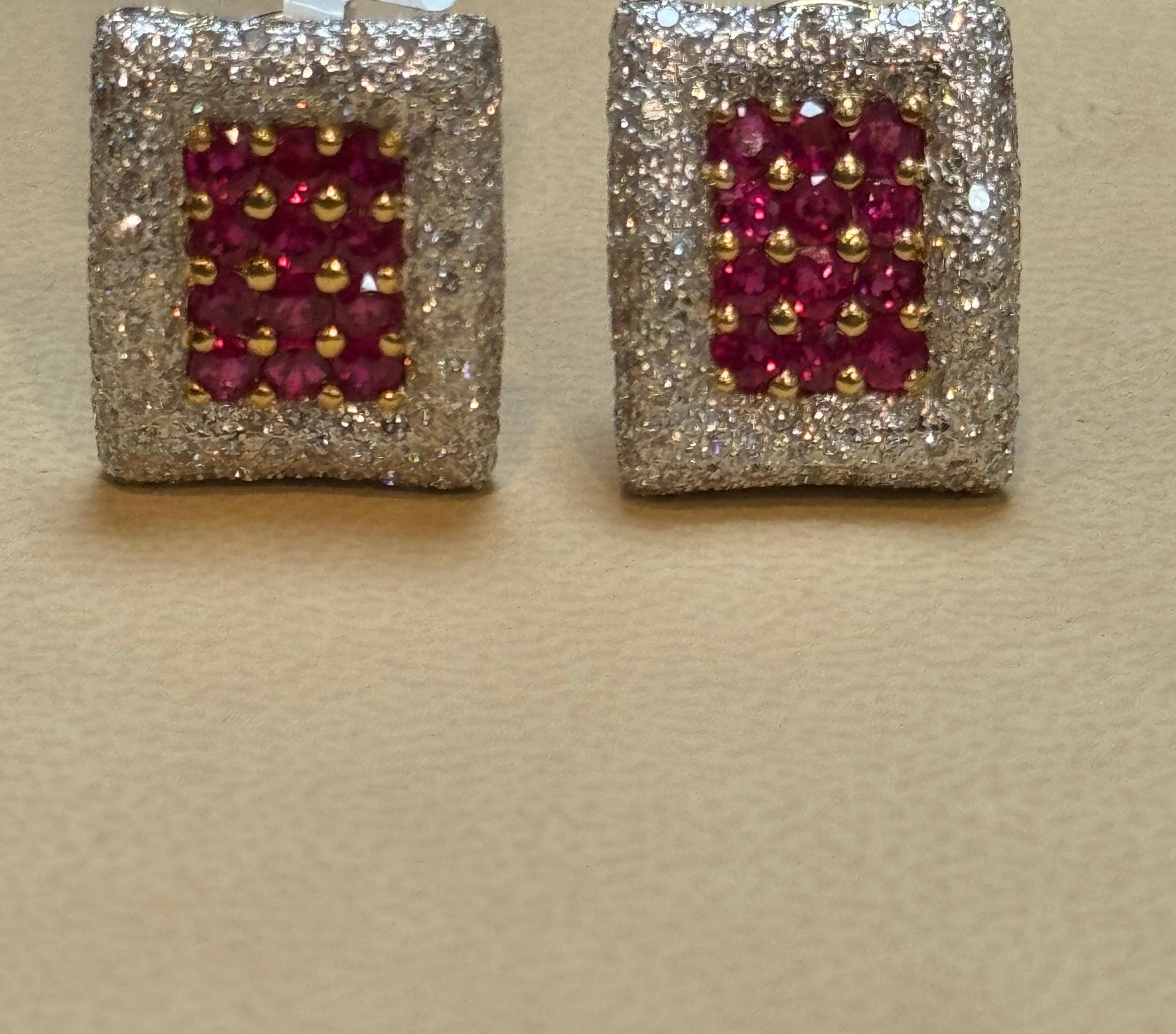 Estate 3 Ct Ruby & 3 Ct Diamonds Square Post Earrings 18 Karat Yellow Gold 13.5G For Sale 1