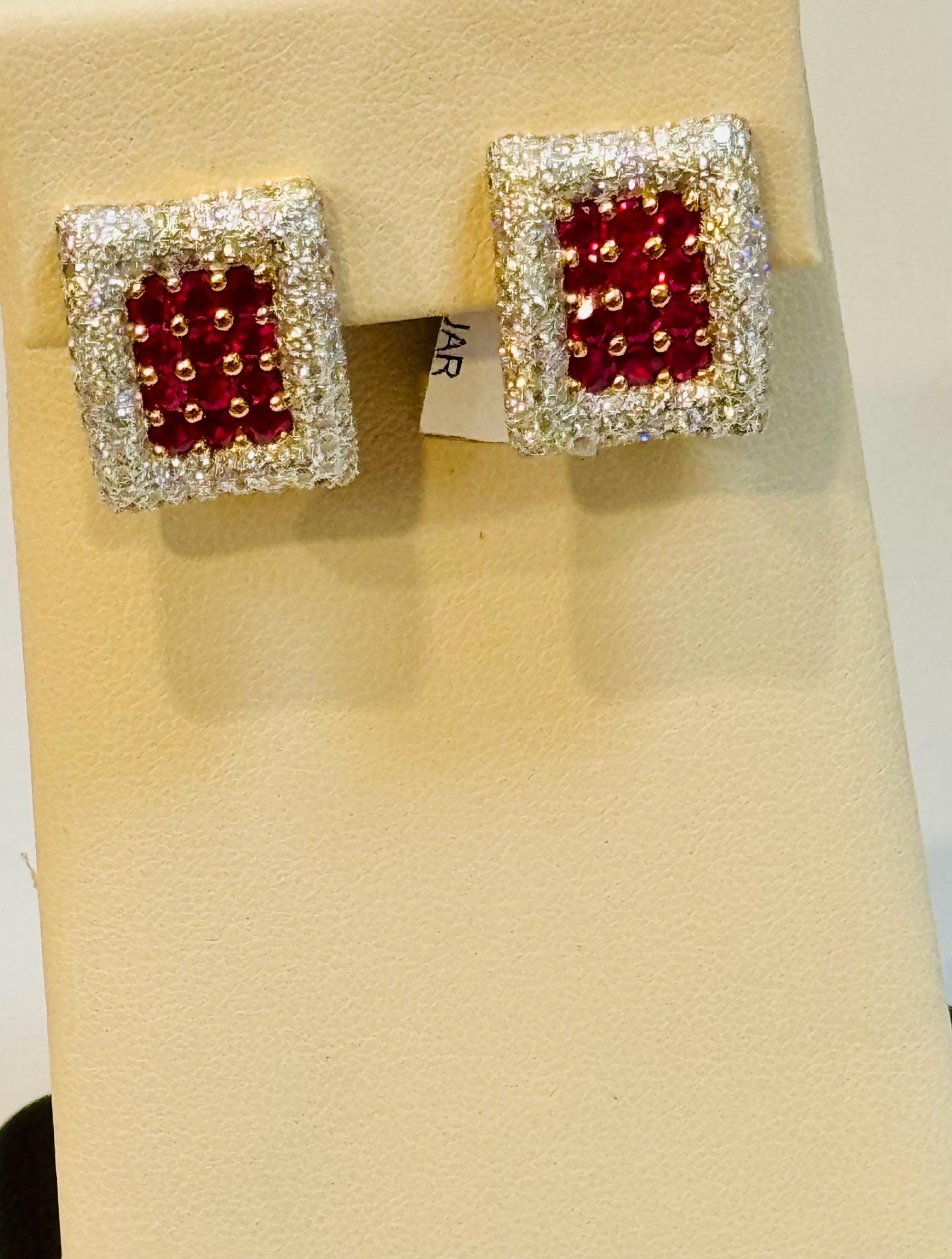Estate 3 Ct Ruby & 3 Ct Diamonds Square Post Earrings 18 Karat Yellow Gold 13.5G For Sale 2
