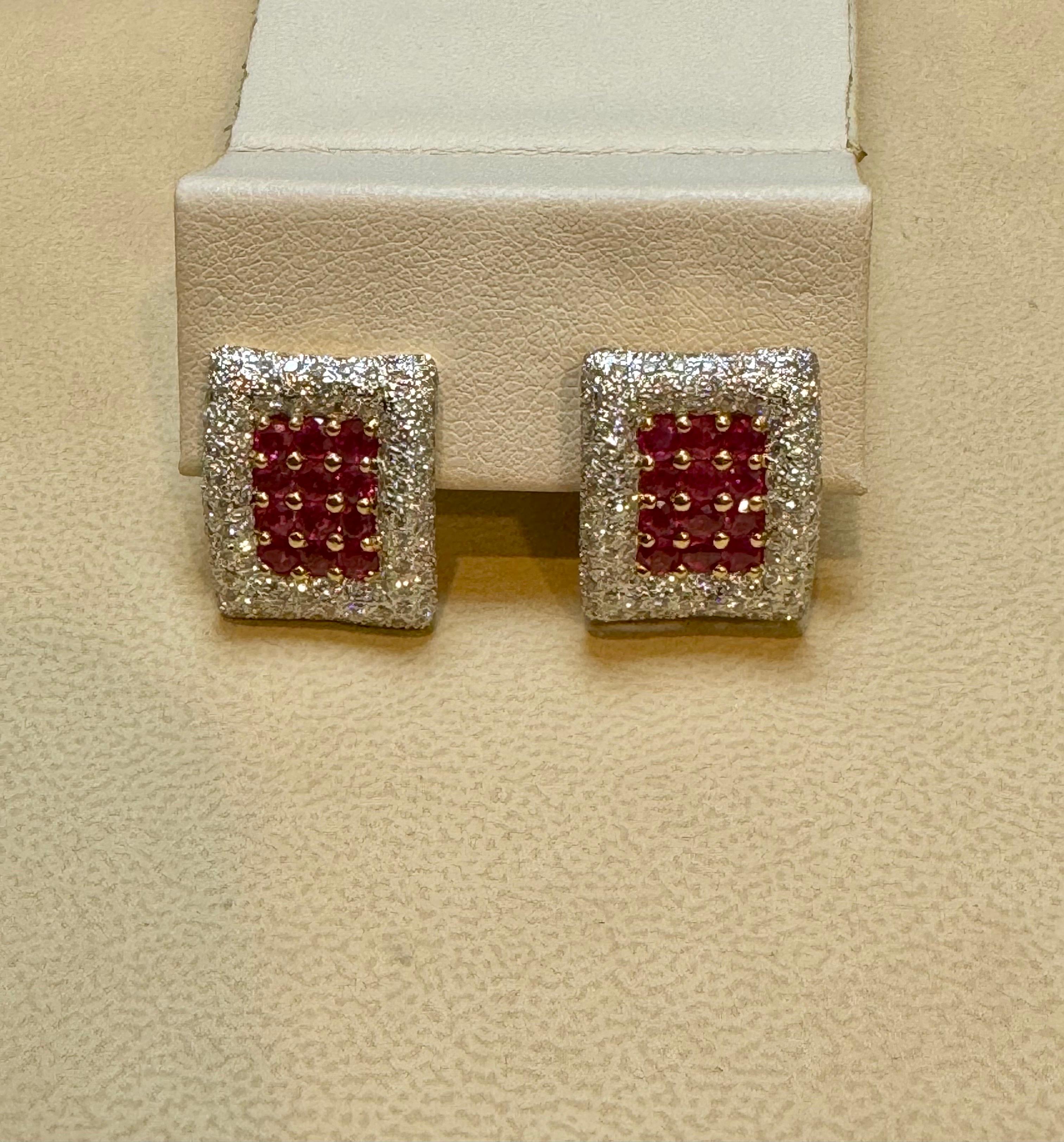 Estate 3 Ct Ruby & 3 Ct Diamonds Square Post Earrings 18 Karat Yellow Gold 13.5G For Sale 3