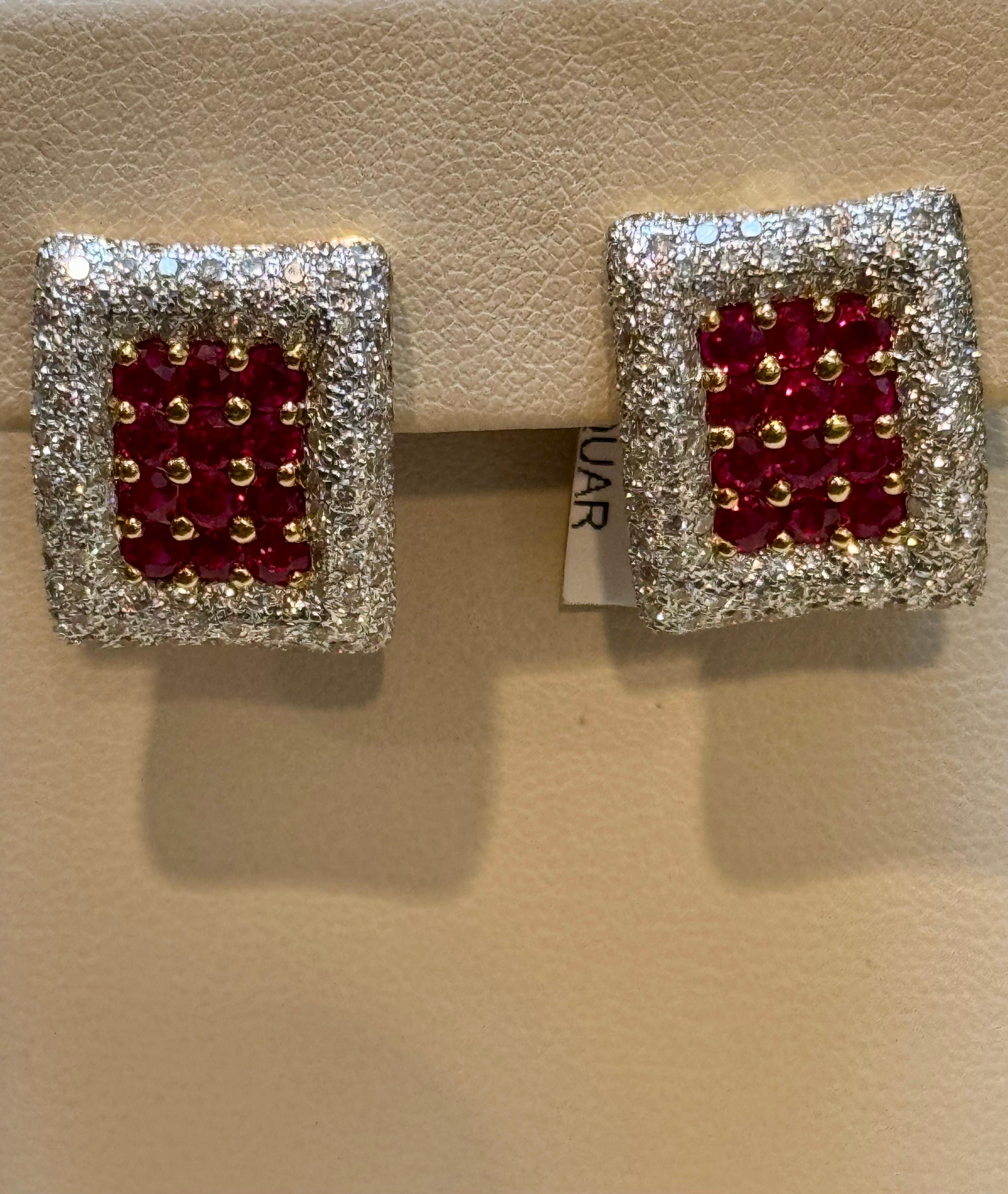 Estate 3 Ct Ruby & 3 Ct Diamonds Square Post Earrings 18 Karat Yellow Gold 13.5G For Sale 4