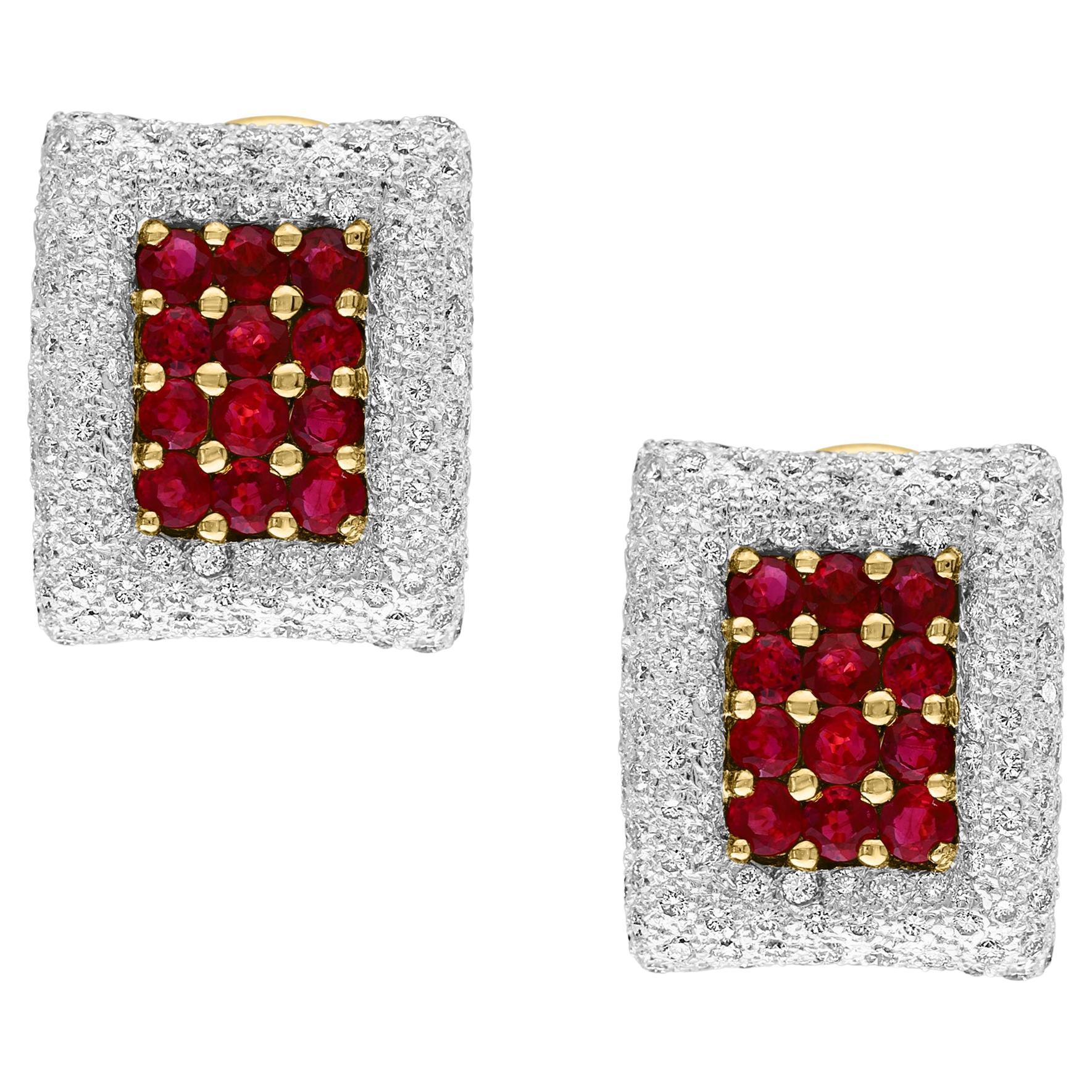 Estate 3 Ct Ruby & 3 Ct Diamonds Square Post Earrings 18 Karat Yellow Gold 13.5G en vente
