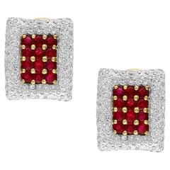 Estate 3 Ct Ruby & 3 Ct Diamonds Square Post Earrings 18 Karat Yellow Gold 13.5G