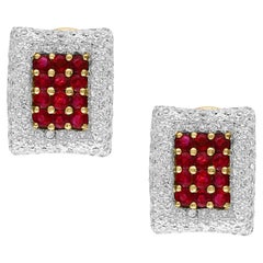 Estate 3 Ct Rubí y 3 Ct Diamantes Pendientes Cuadrados Oro Amarillo 18 Kilates 13.5G