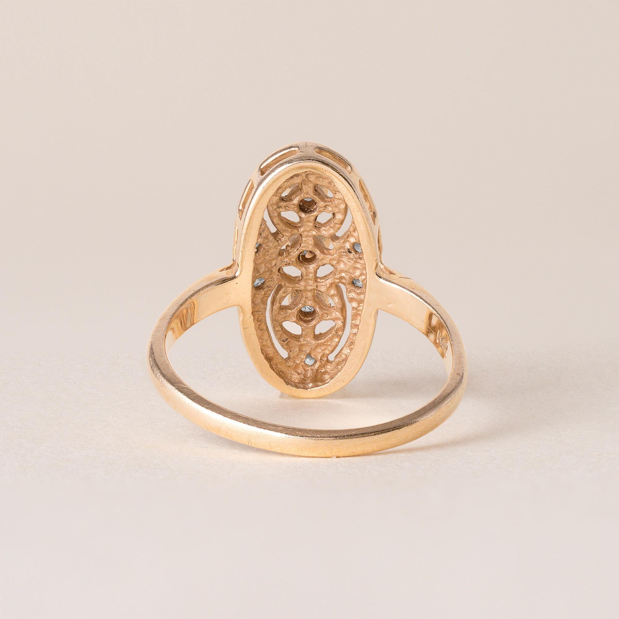 Oval Cut Estate 3 Stone Diamond Elongated Oval Filigree Ring 14K Yellow Gold For Sale