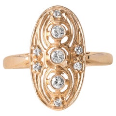 Estate 3 Stone Diamond Elongated Oval Filigree Ring 14K Yellow Gold