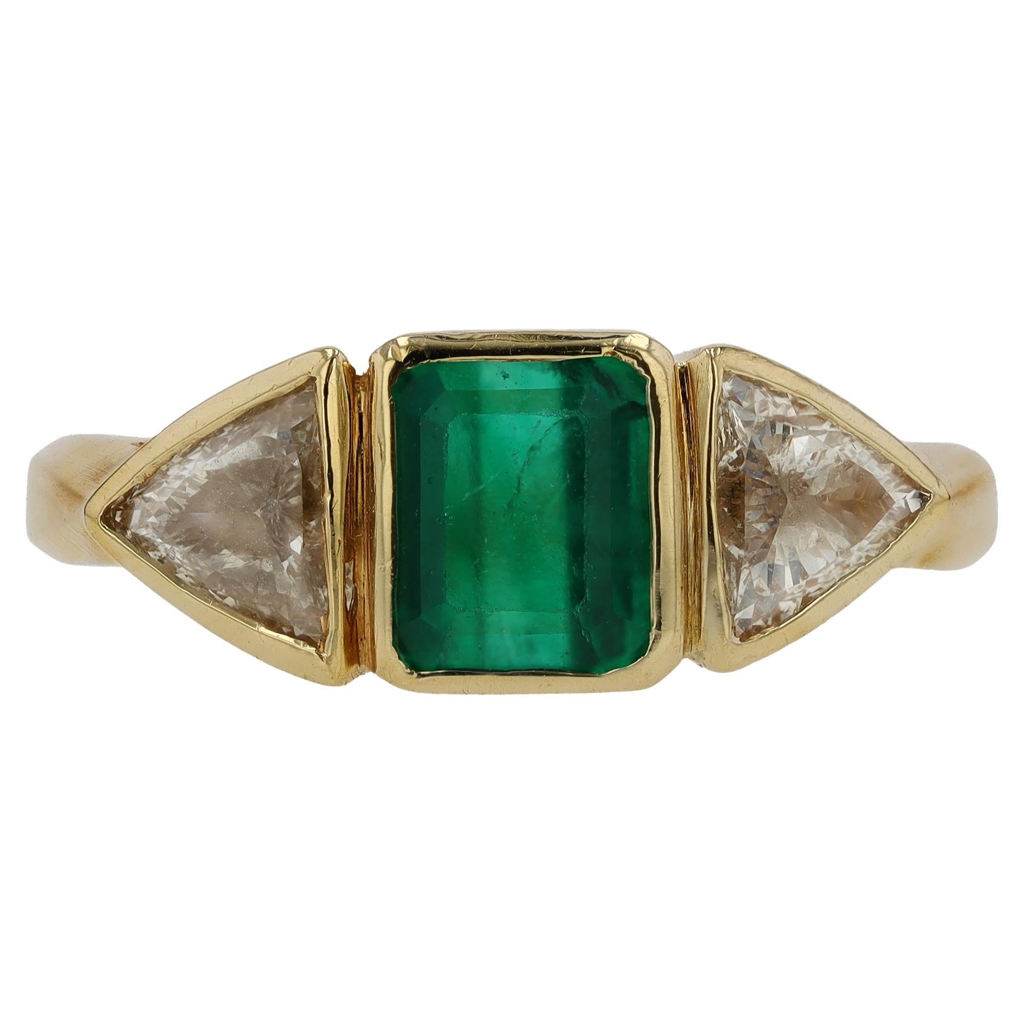 Estate 3 Stone Emerald & Diamond Yellow Gold Engagement Ring From Hollywood Icon