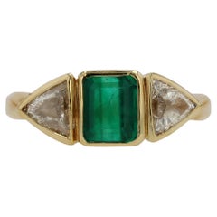 Estate 3 Stone Emerald & Diamond Yellow Gold Engagement Ring From Hollywood Icon