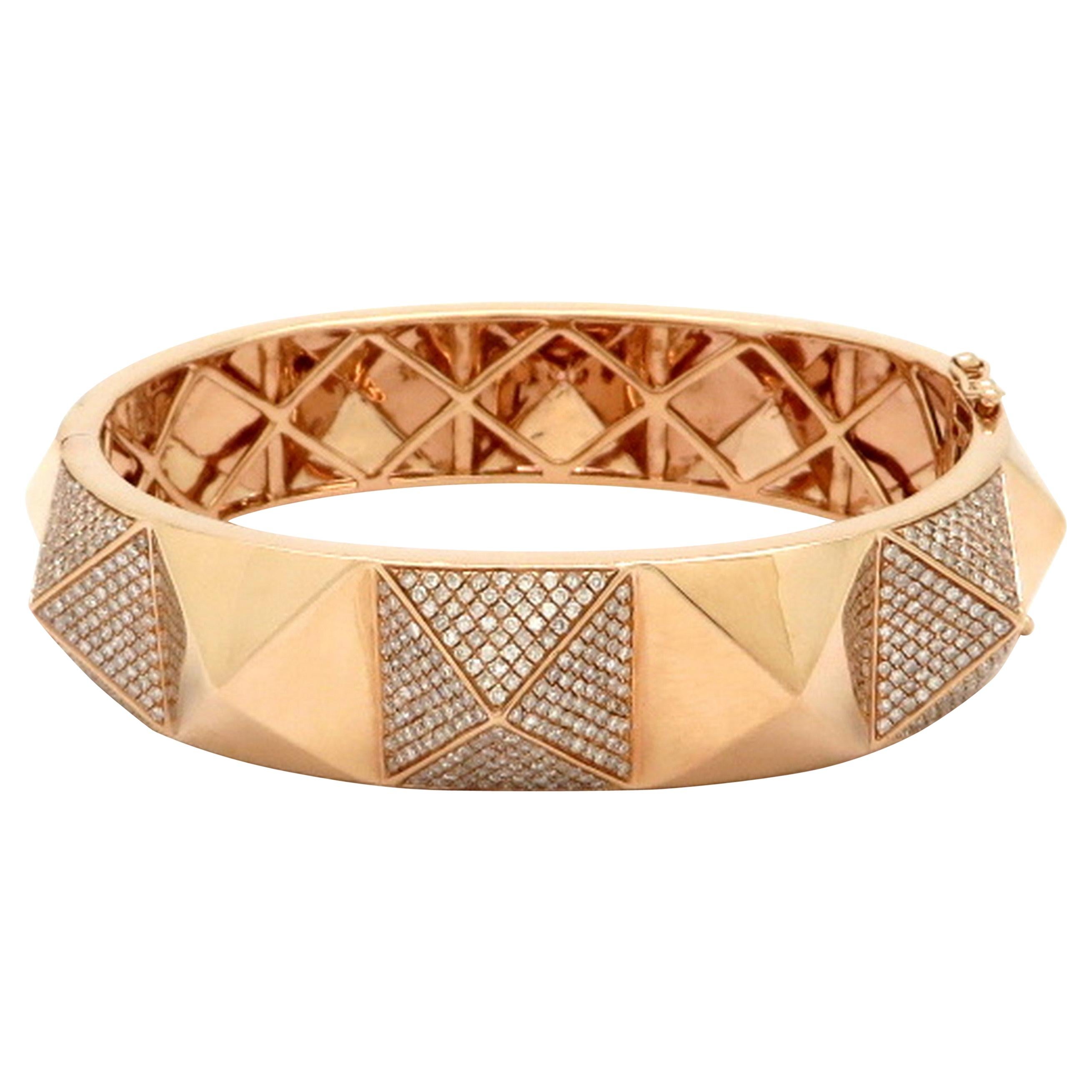 Estate 3.00 Carat Round Diamond Pyramid Style 14 Karat Rose Gold Bangle Bracelet For Sale
