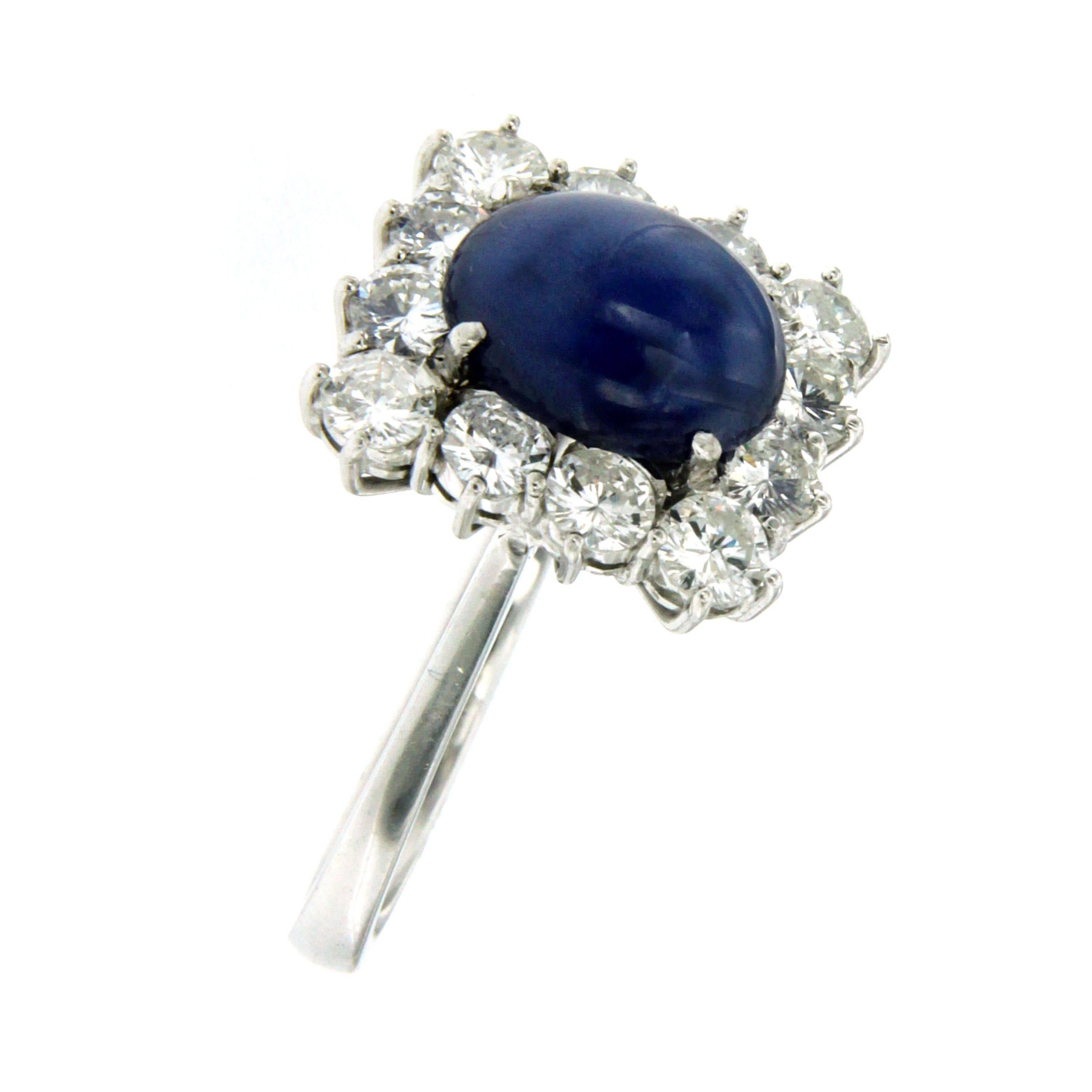 Rare Star Sapphire and Diamond Ring, set in the center with a Beautiful oval cabochon Star Sapphire weighing 3.10 carats framed by a square halo consisting of 1.80 carat of round brilliant cut diamonds graded F color and Vs clarity.
Circa