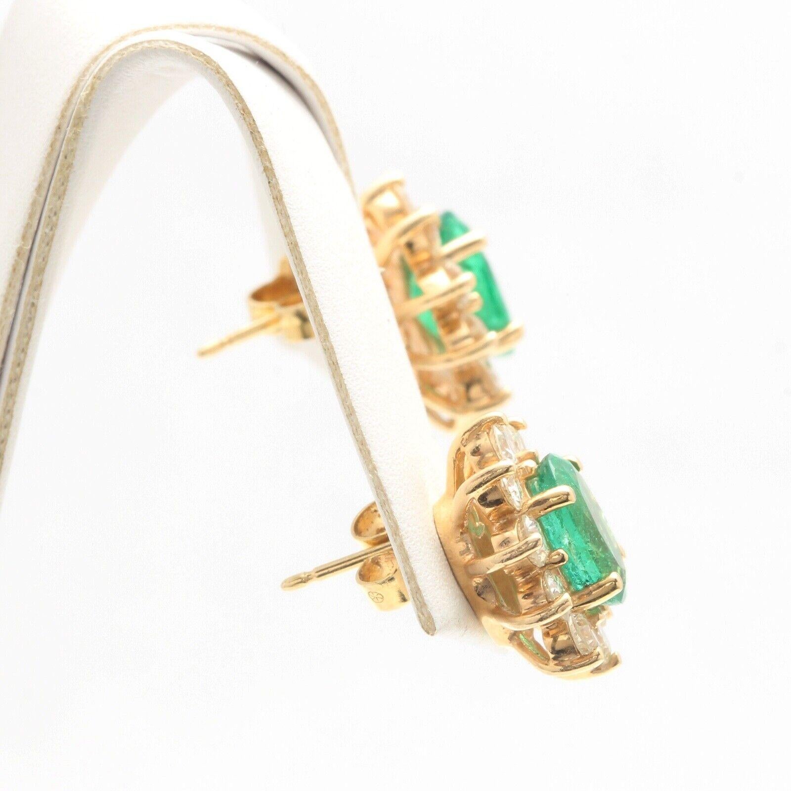 Emerald Cut ESTATE 3.30 Carats Natural Emerald and Diamond 14K Solid Yellow Gold Earrings For Sale