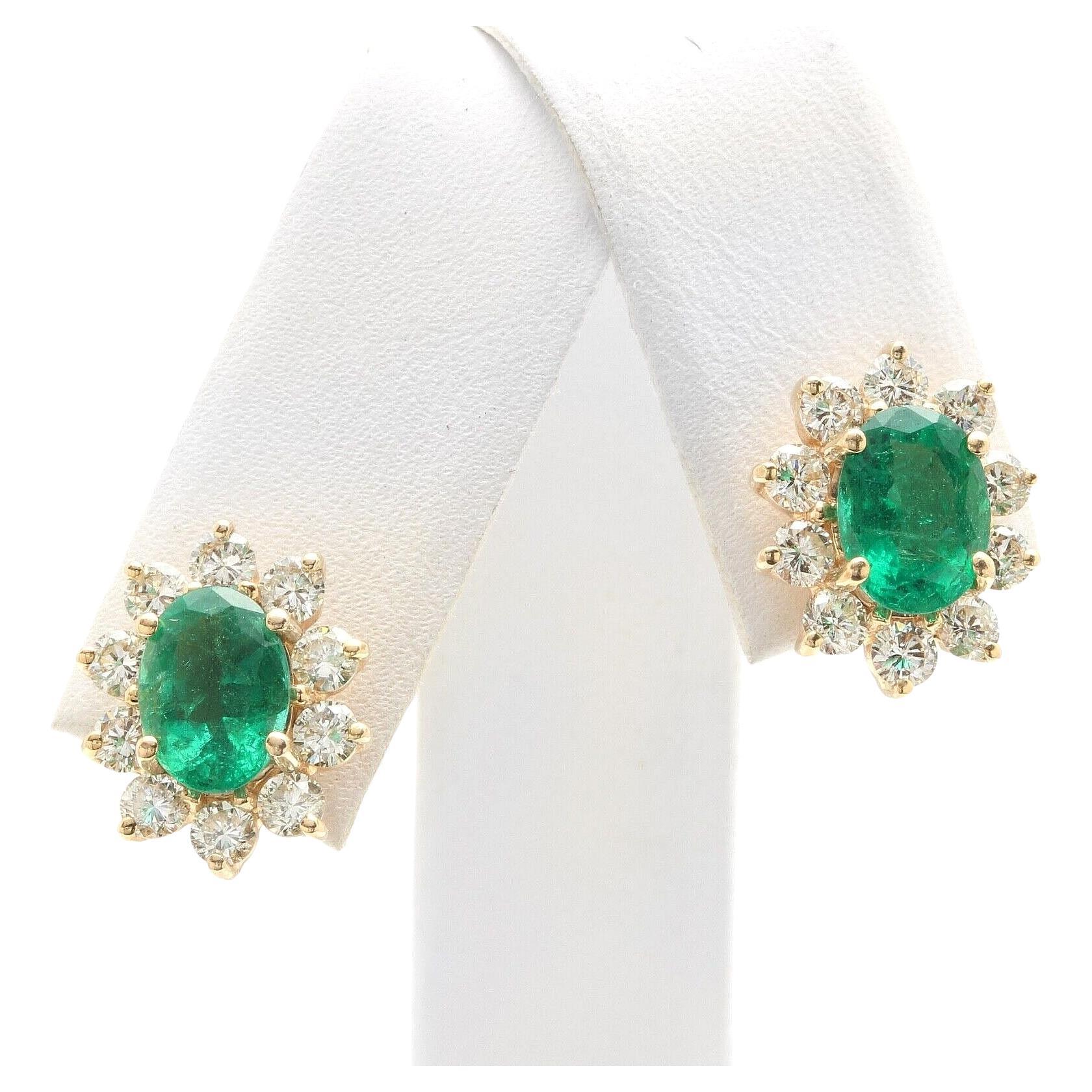 ESTATE 3.30 Carats Natural Emerald and Diamond 14K Solid Yellow Gold Earrings For Sale