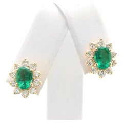 ESTATE 3.30 Carats Natural Emerald and Diamond 14K Solid Yellow Gold Earrings
