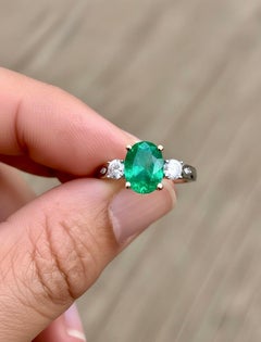 Estate 3.30 Colombian Emerald Diamond Engagement Ring Three-Stone 14K