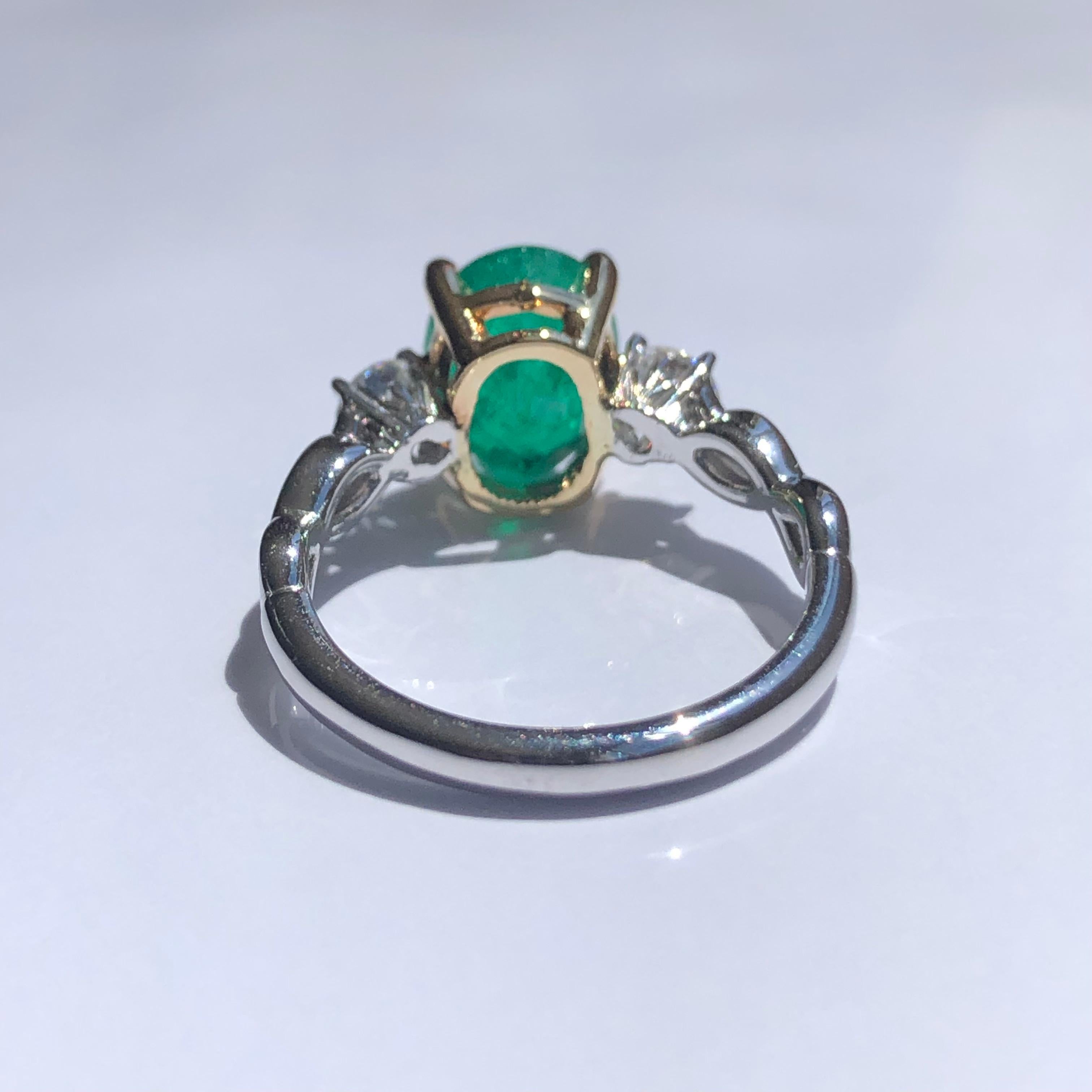 Estate 3.30 Emerald and Diamond Engagement Ring Three-Stone 14k For Sale 2