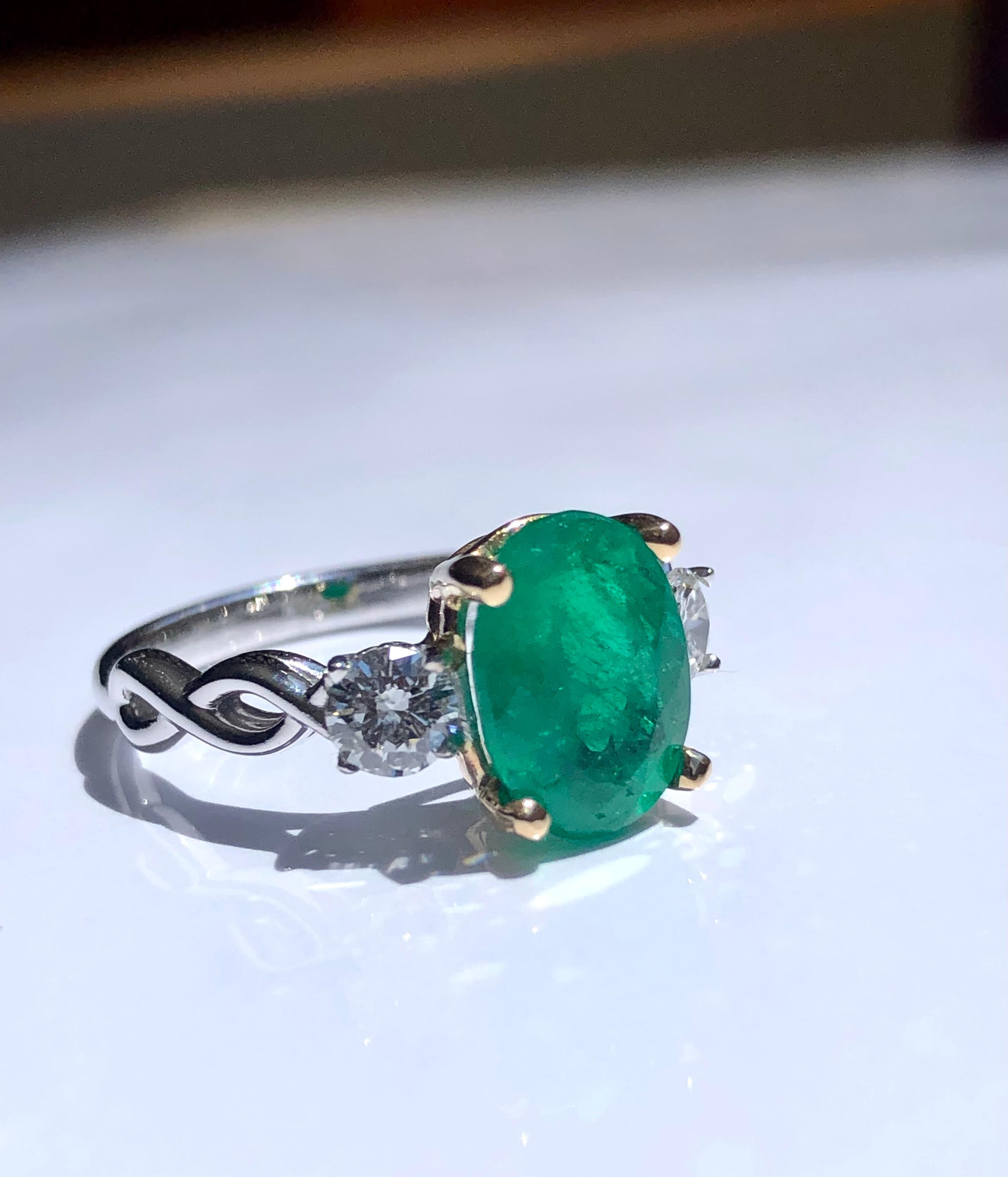 Art Deco Estate 3.30 Emerald and Diamond Engagement Ring Three-Stone 14k For Sale
