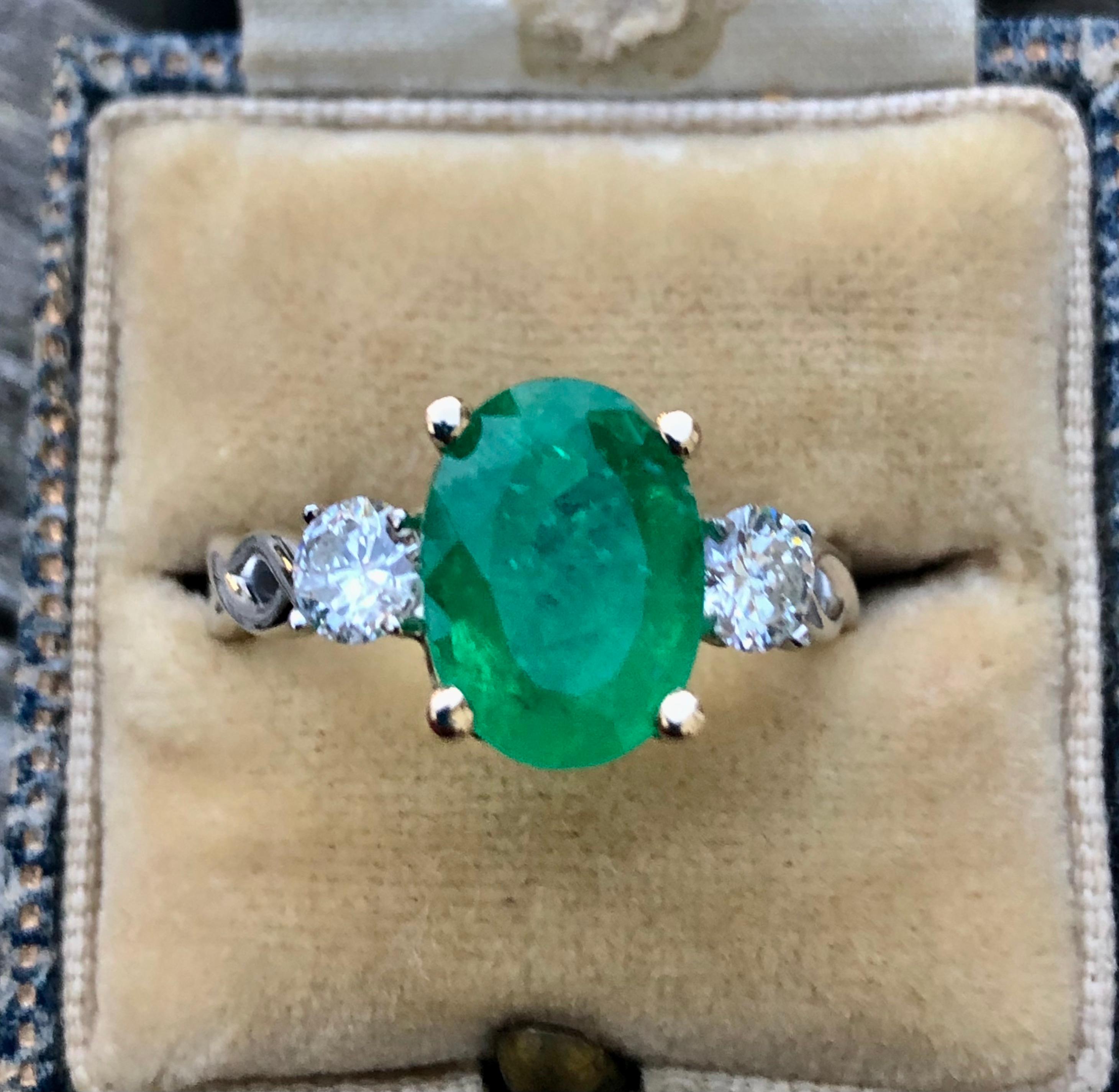 Estate 3.30 Emerald and Diamond Engagement Ring Three-Stone 14k For Sale 1