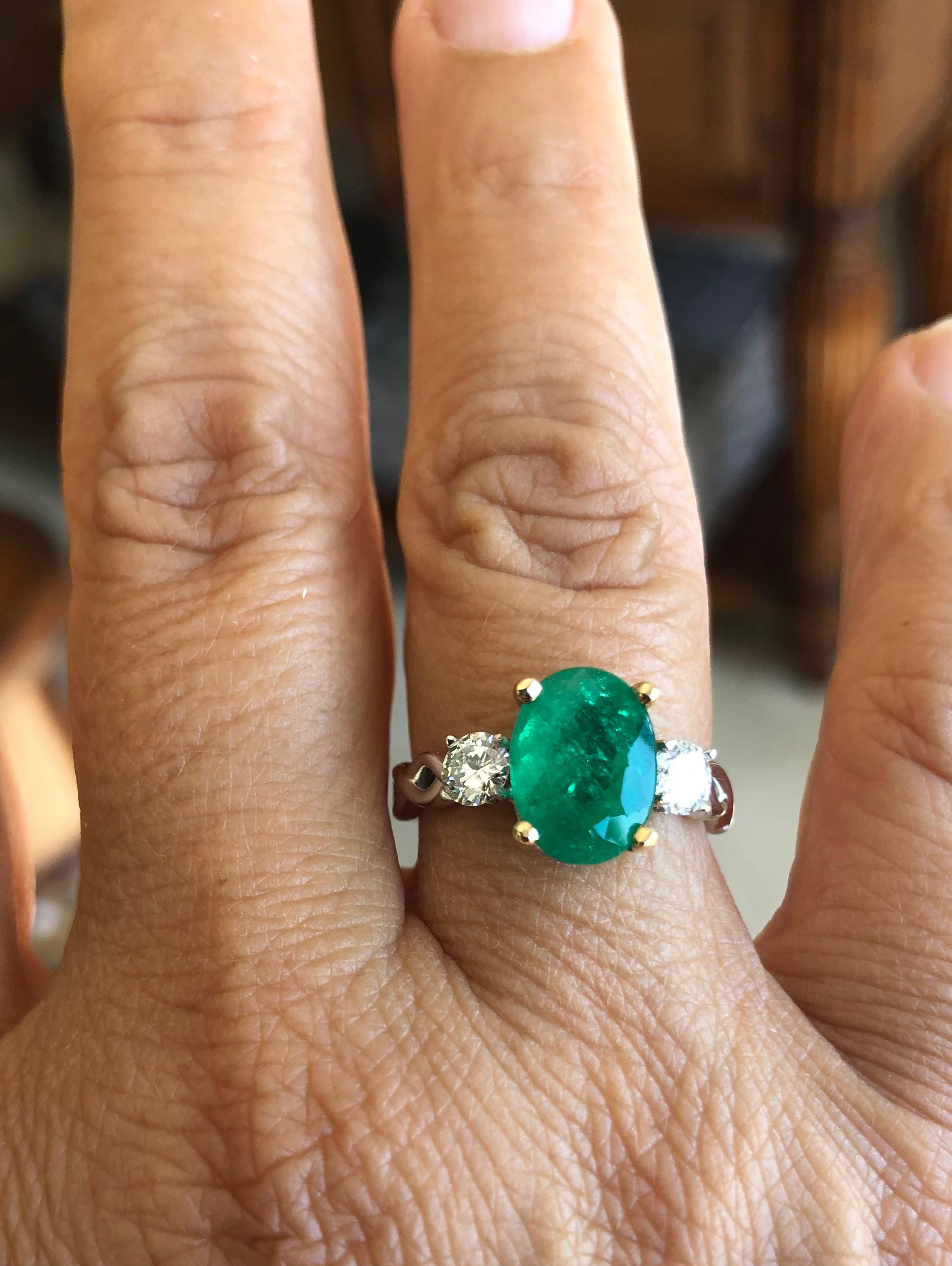 Women's Estate 3.30 Emerald and Diamond Engagement Ring Three-Stone 14k For Sale