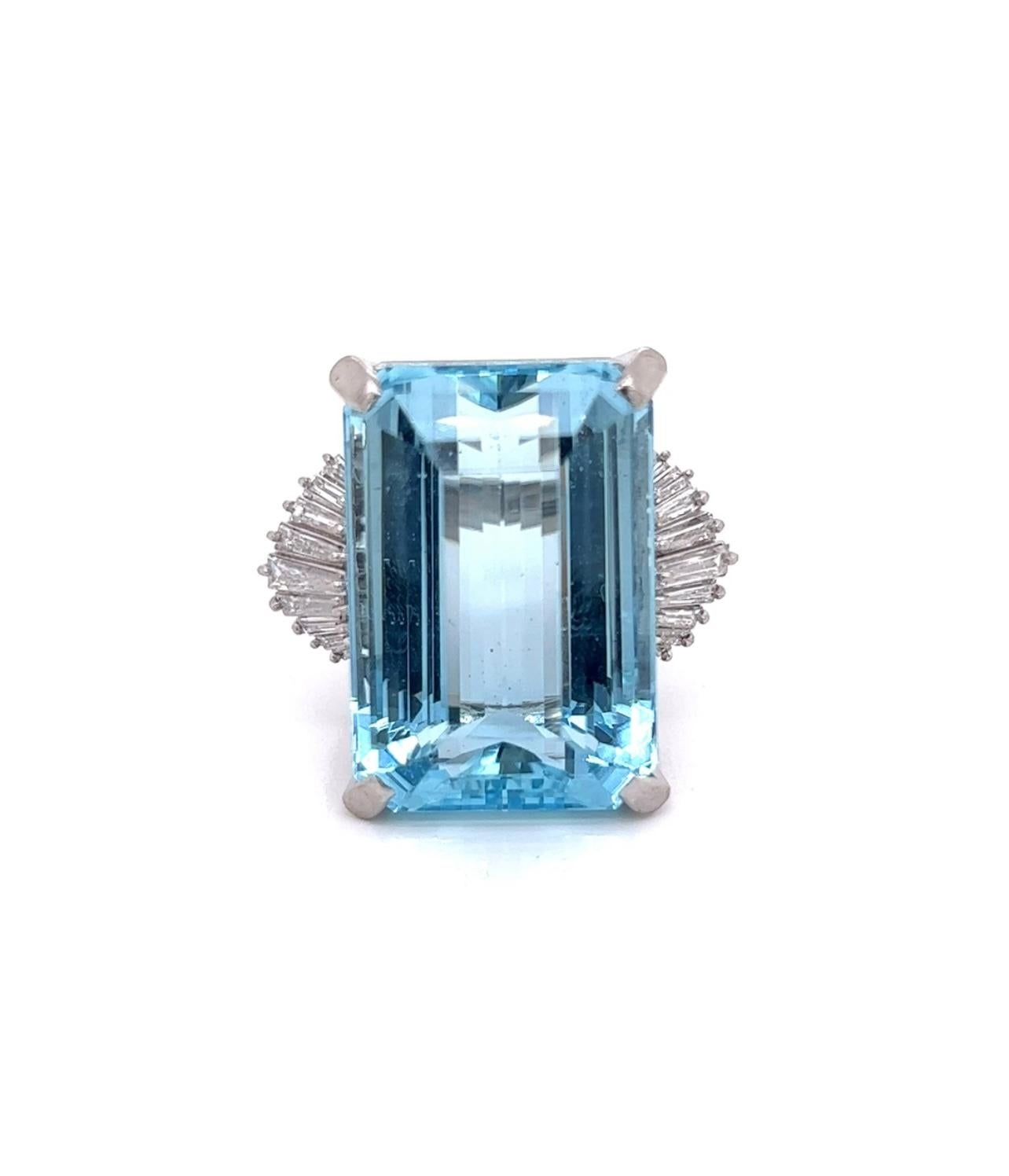 Emerald Cut Estate 34.59 Carat Aquamarine And Diamond Platinum Ring For Sale