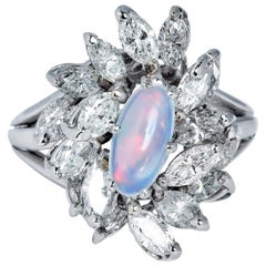 Vintage 3.47 Carat Australian Opal Diamond Cluster Cocktail Ballerina Plat Ring