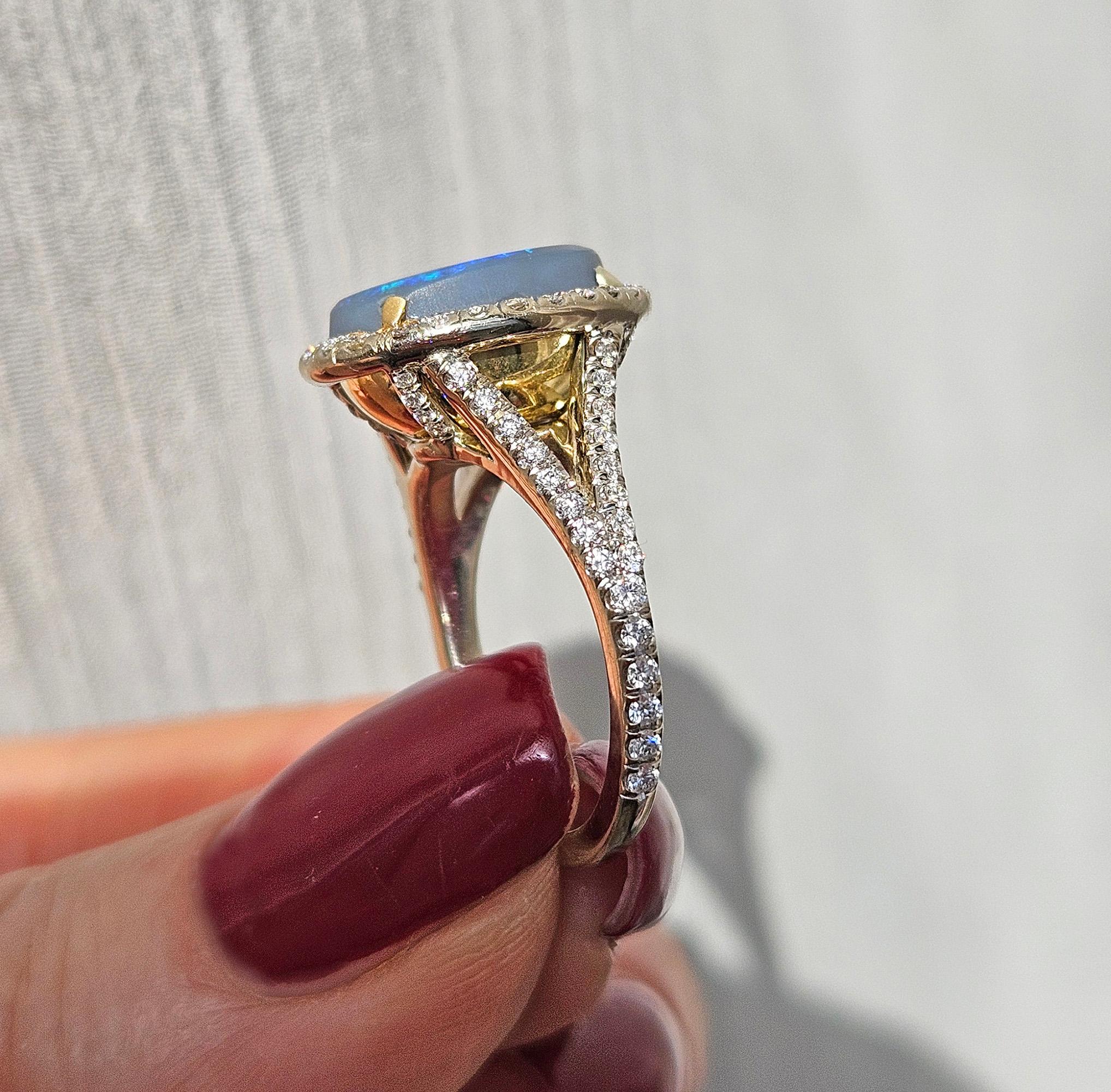 Estate 3.49ctw Australian Lighting Ridge Black Opal And Diamond 18K Gold Ring For Sale 6