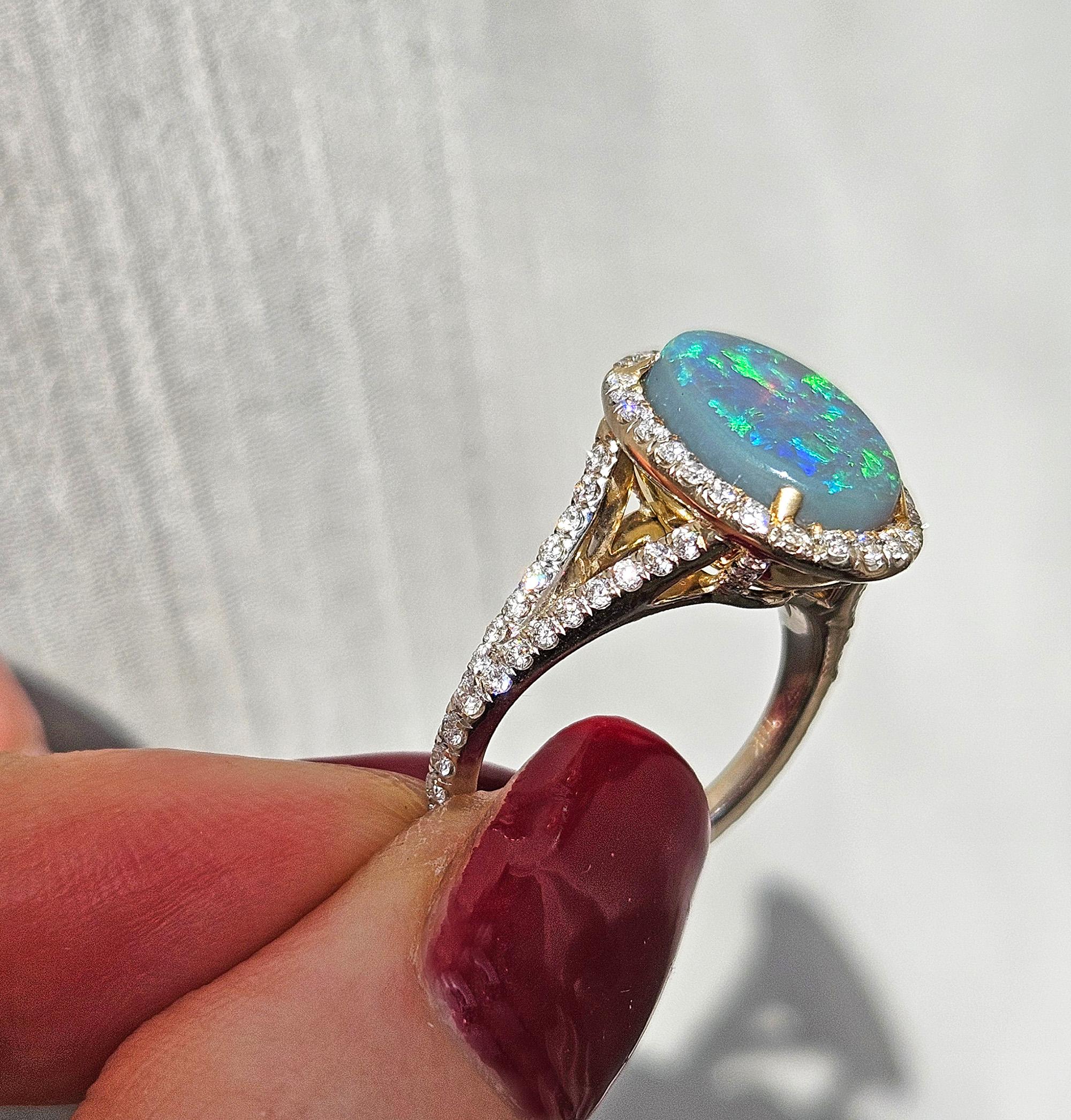 Estate 3.49ctw Australian Lighting Ridge Black Opal And Diamond 18K Gold Ring For Sale 8