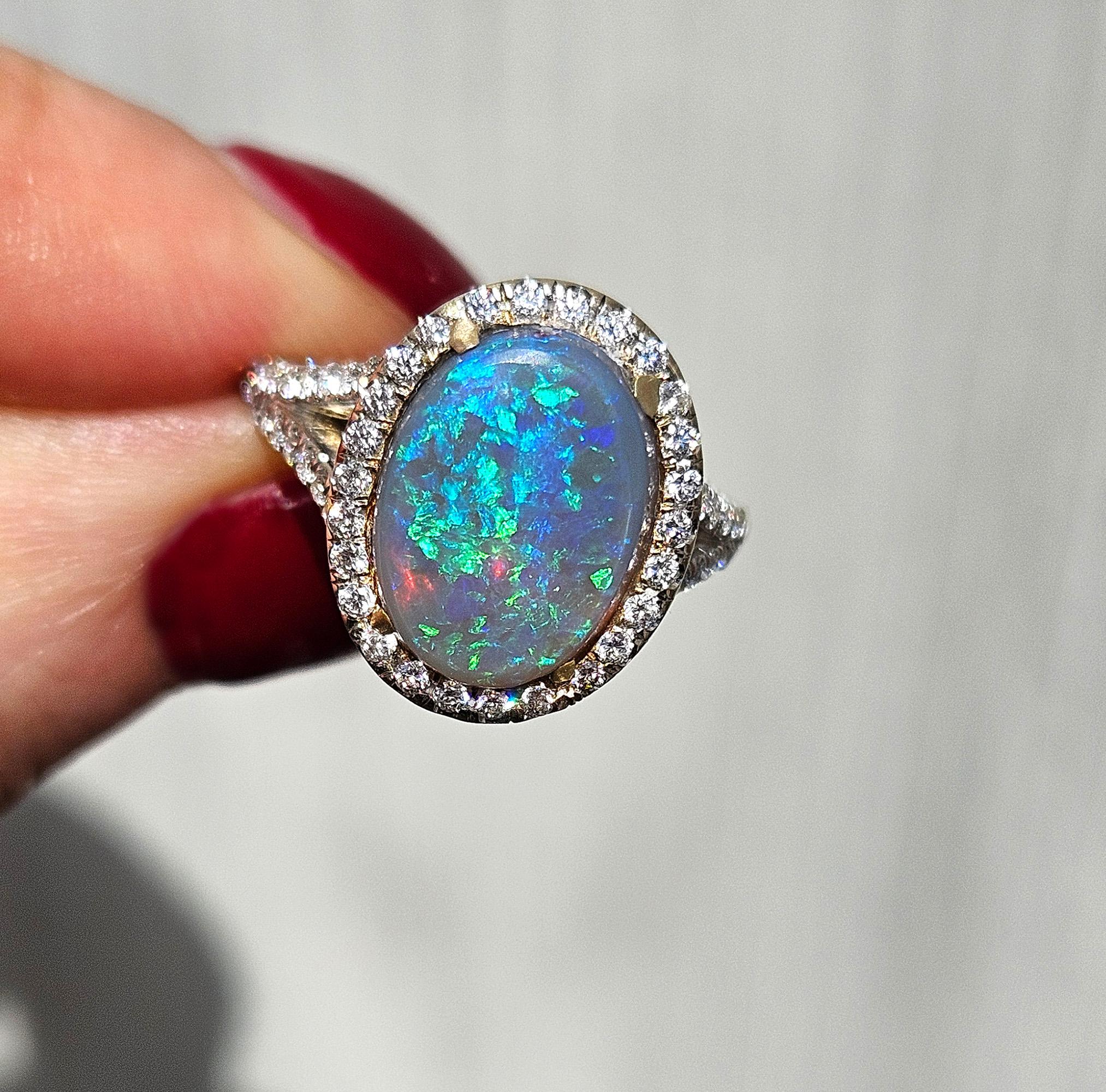 Estate 3.49ctw Australian Lighting Ridge Black Opal And Diamond 18K Gold Ring For Sale 9
