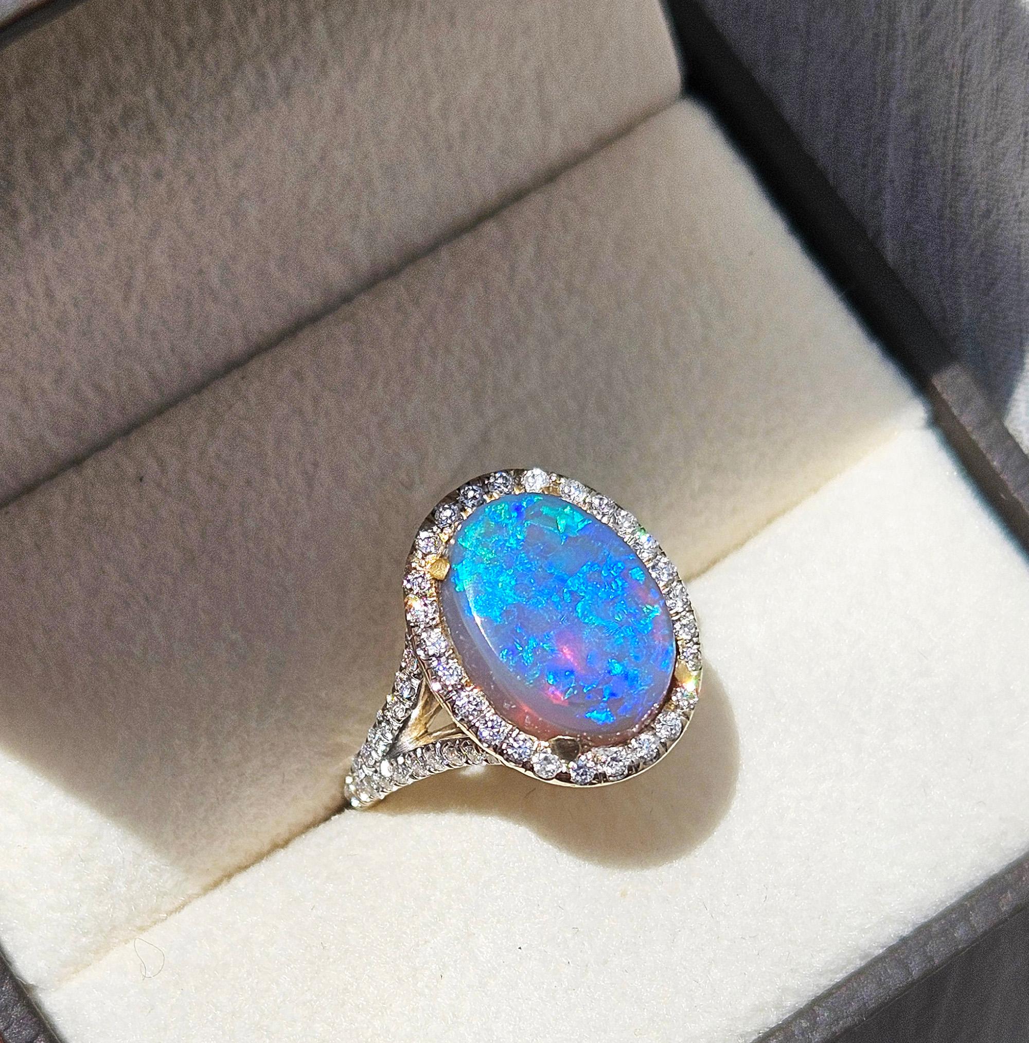 Estate 3.49ctw Australian Lighting Ridge Black Opal And Diamond 18K Gold Ring For Sale 11