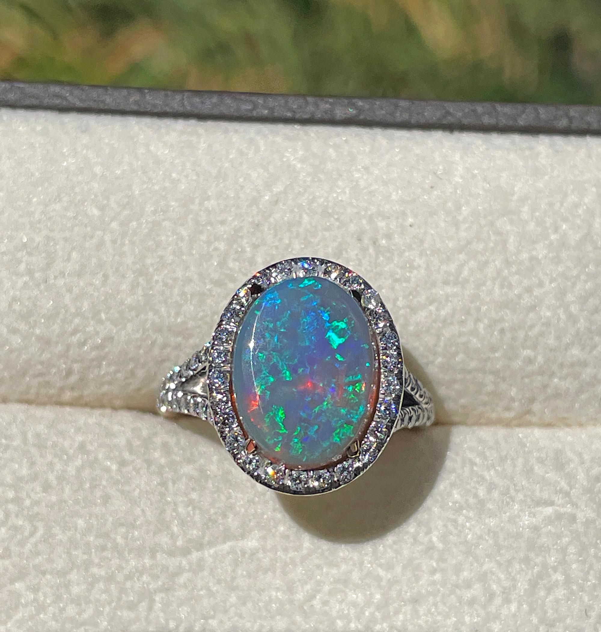 Estate 3.49ctw Australian Lighting Ridge Black Opal And Diamond 18K Gold Ring For Sale 13