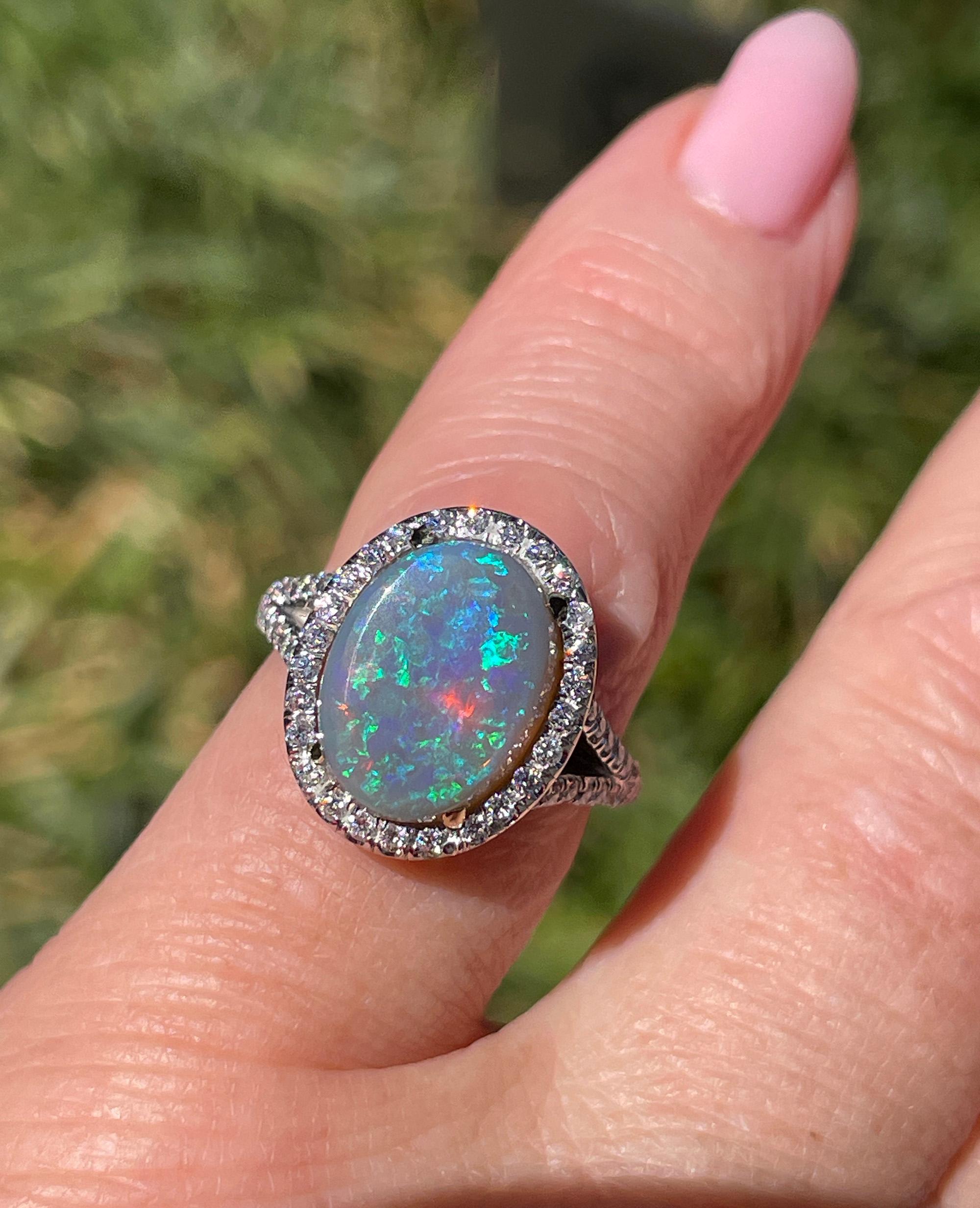 Estate 3.49ctw Australian Lighting Ridge Black Opal And Diamond 18K Gold Ring For Sale 14