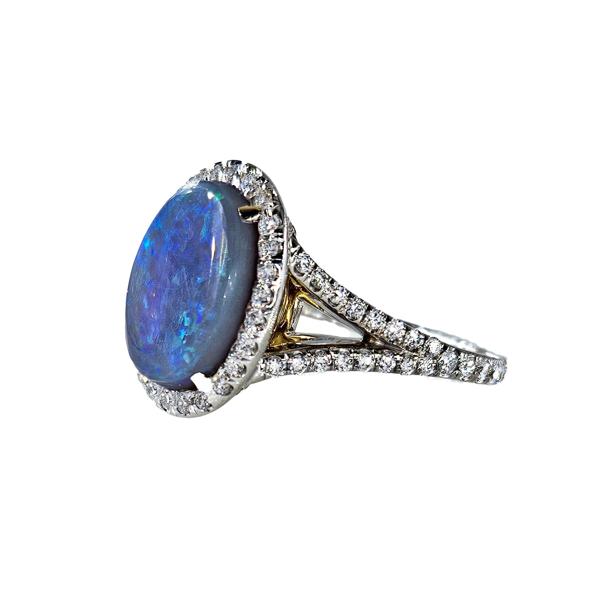 Modern Estate 3.49ctw Australian Lighting Ridge Black Opal And Diamond 18K Gold Ring For Sale