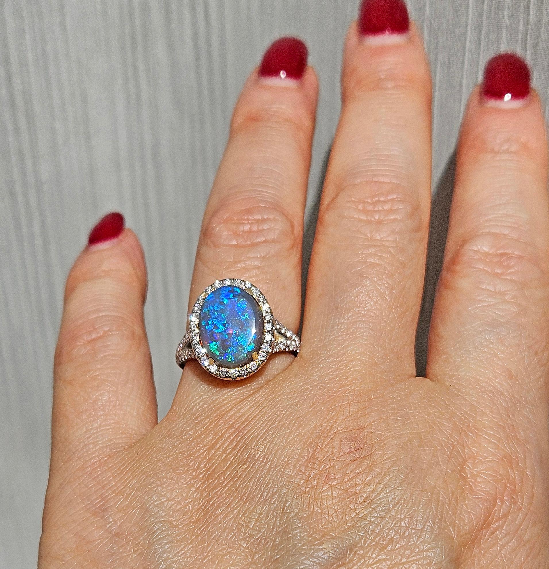 Estate 3.49ctw Australian Lighting Ridge Black Opal And Diamond 18K Gold Ring For Sale 1