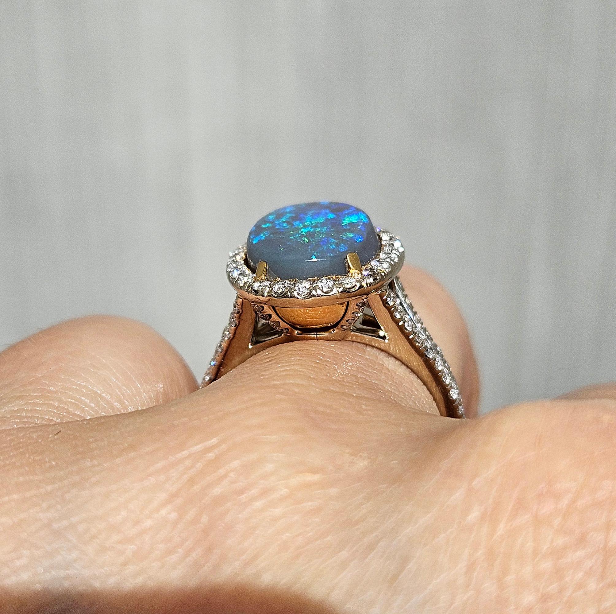 Estate 3.49ctw Australian Lighting Ridge Black Opal And Diamond 18K Gold Ring For Sale 2