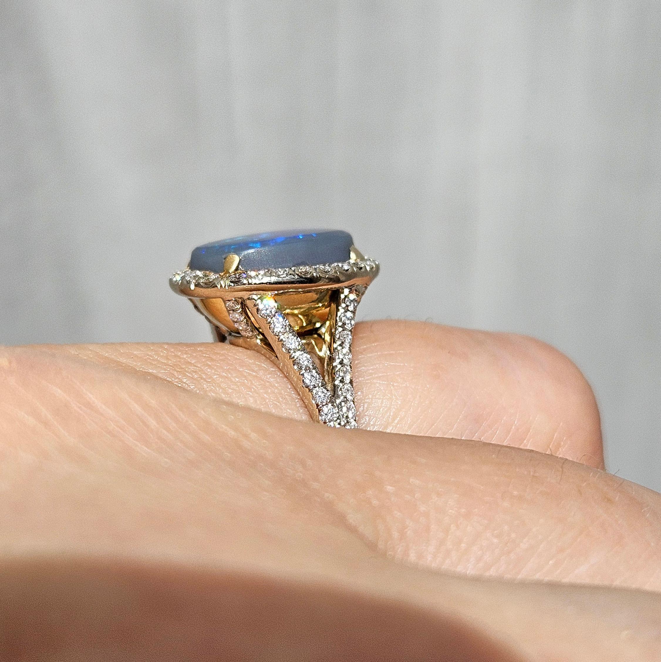 Estate 3.49ctw Australian Lighting Ridge Black Opal And Diamond 18K Gold Ring For Sale 3
