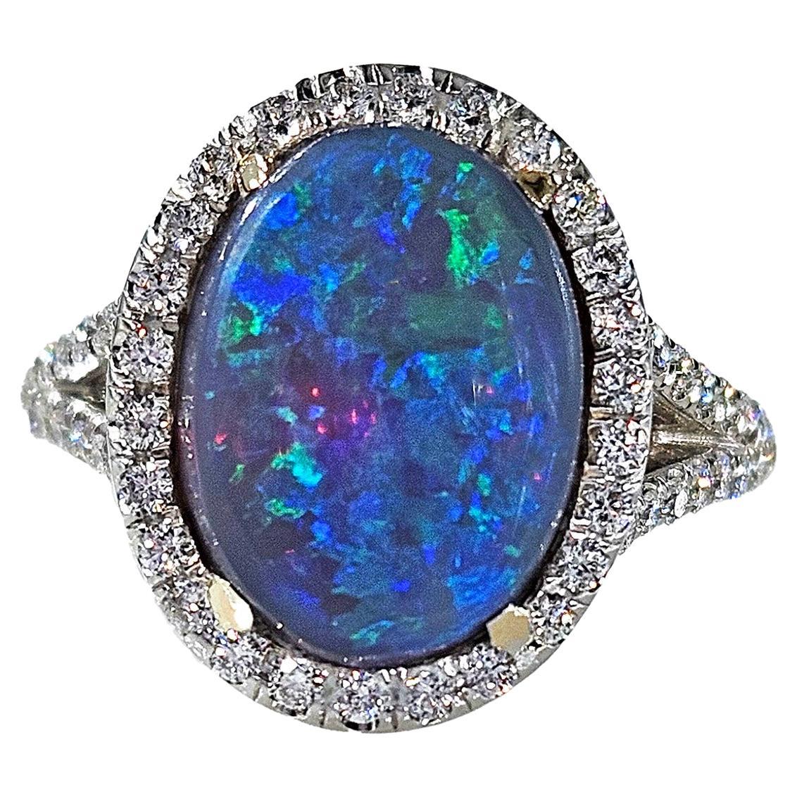 Estate 3.49ctw Australian Lighting Ridge Black Opal And Diamond 18K Gold Ring For Sale