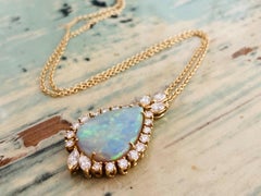 Estate 35 Carat Australian Opal and Marquise Diamond Pendant Necklace
