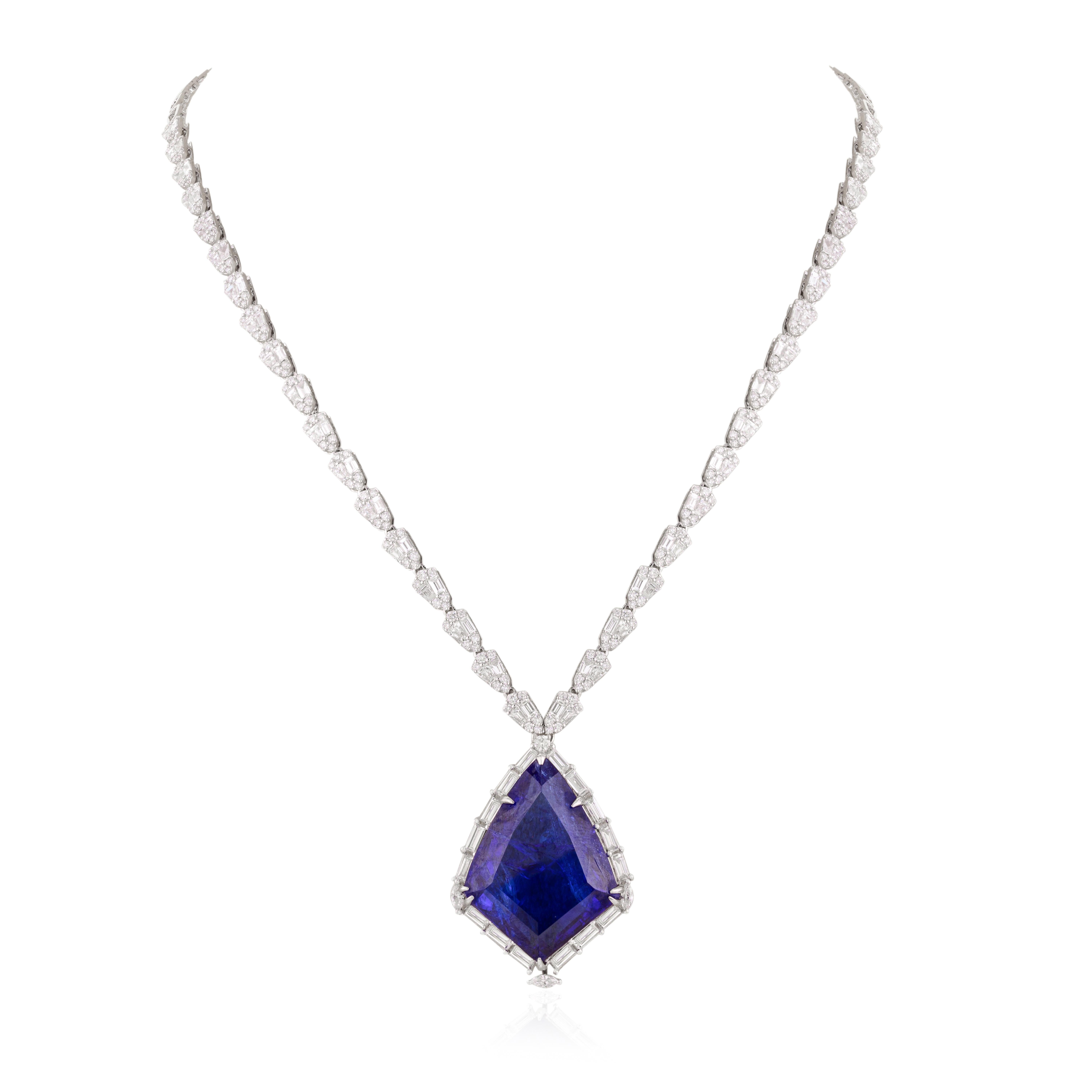 Art Nouveau Estate 35.94 CTW Tanzanite 5.56 CTW Diamond Necklace for Mom in 18k White Gold For Sale