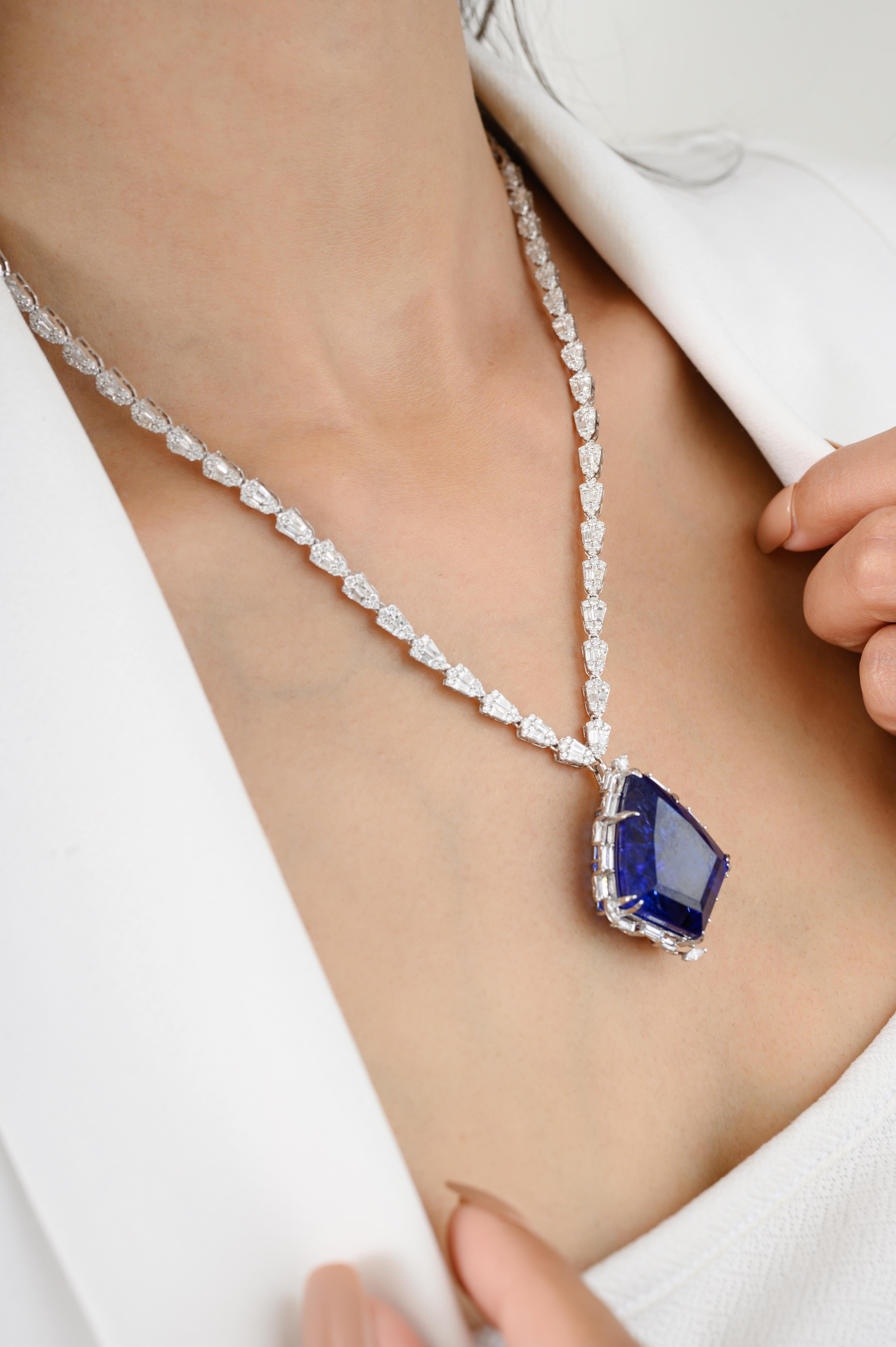 Mixed Cut Estate 35.94 CTW Tanzanite 5.56 CTW Diamond Necklace for Mom in 18k White Gold For Sale