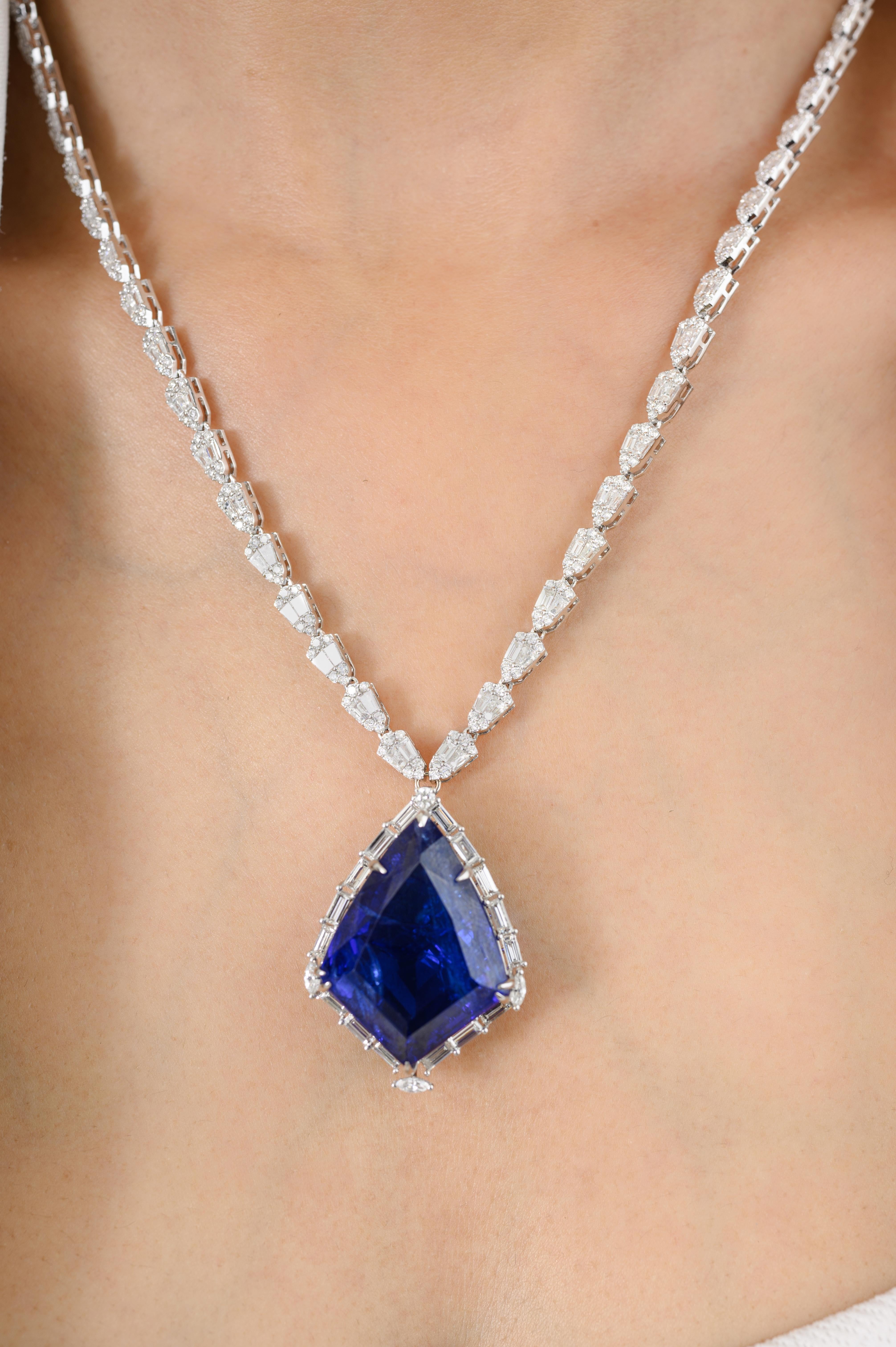 Women's Estate 35.94 CTW Tanzanite 5.56 CTW Diamond Necklace for Mom in 18k White Gold For Sale
