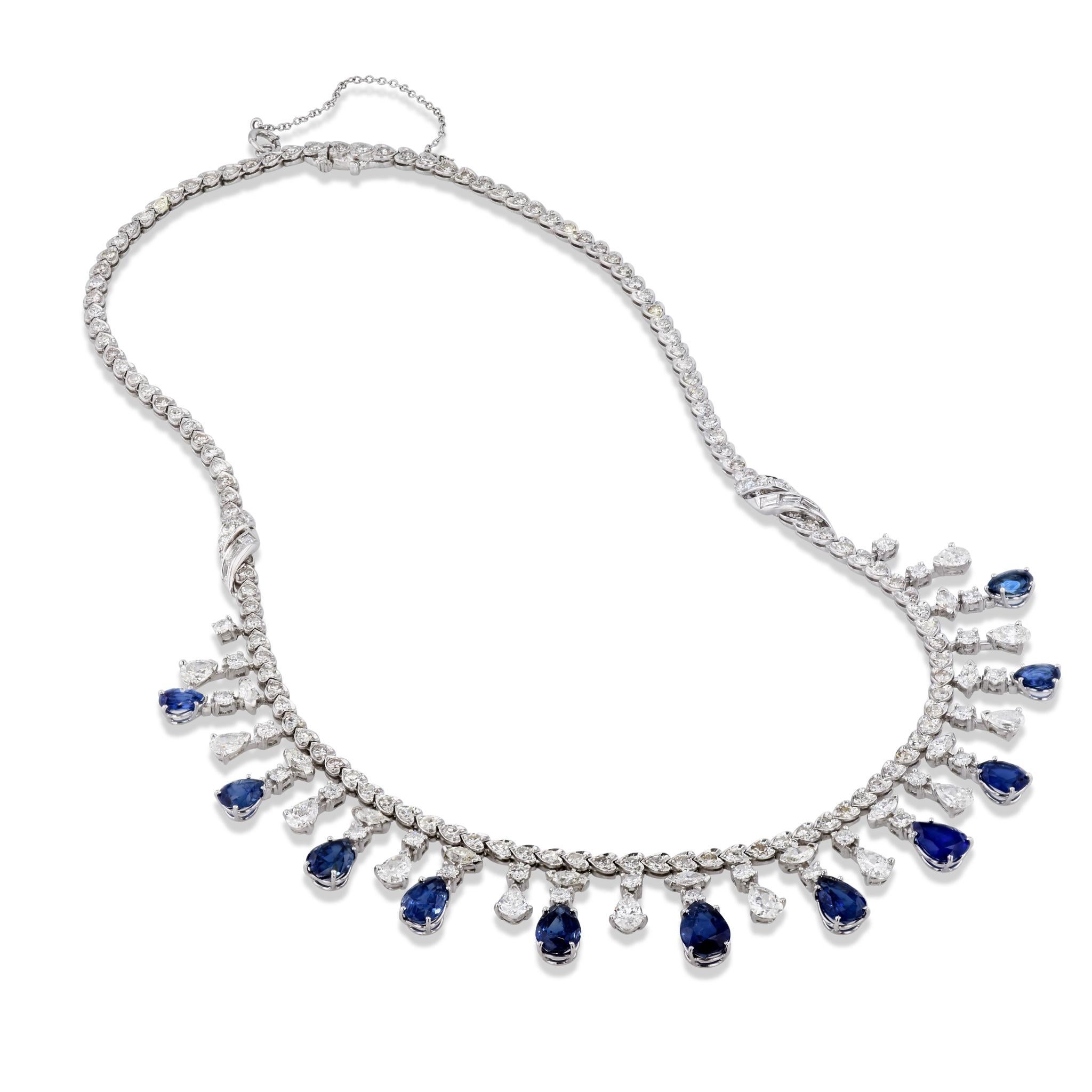 Pear Cut Estate 3.6 Carat Diamond 12.9 Carat Blue Sapphire Bib Style Platinum Necklace For Sale