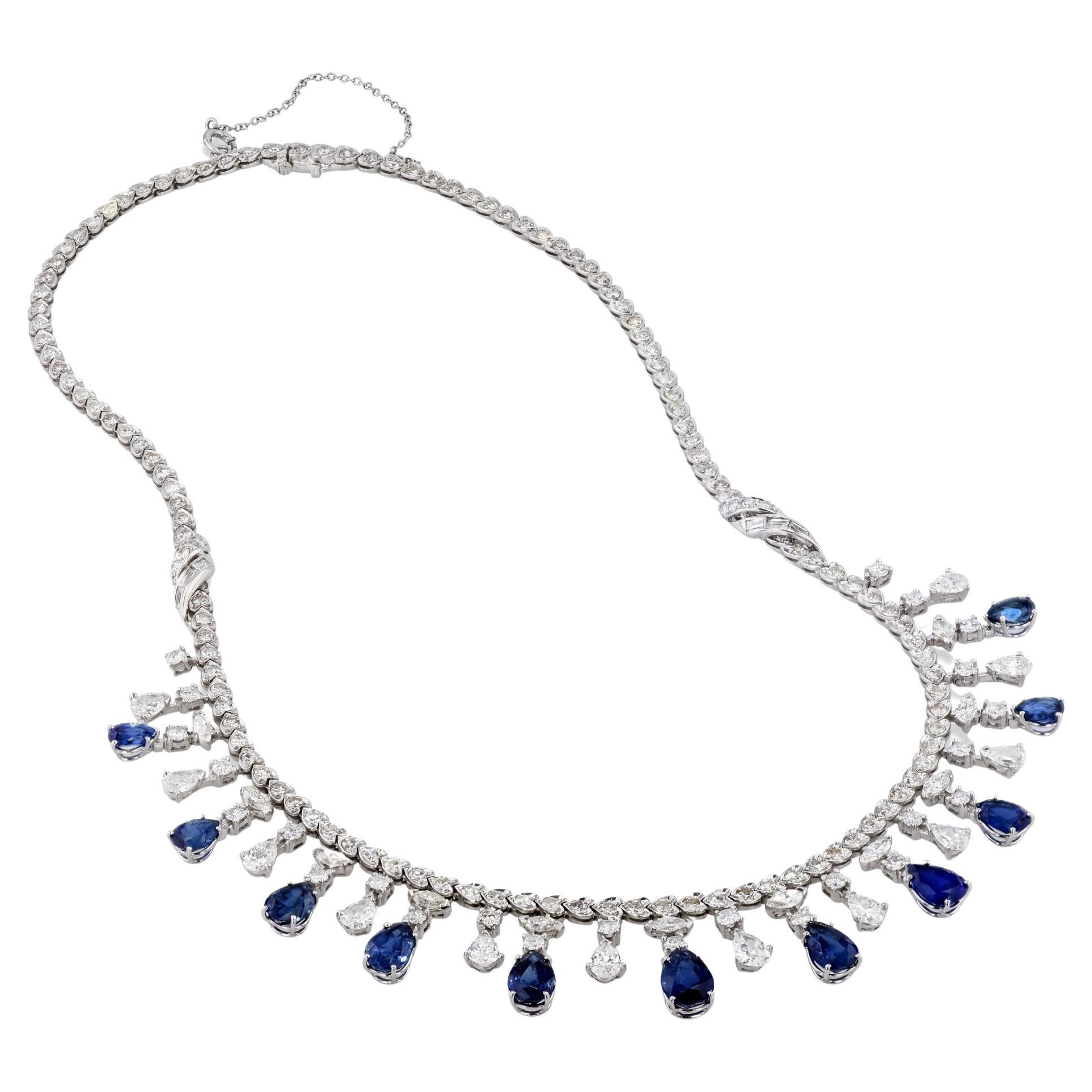 Estate 3.6 Carat Diamond 12.9 Carat Blue Sapphire Bib Style Platinum Necklace