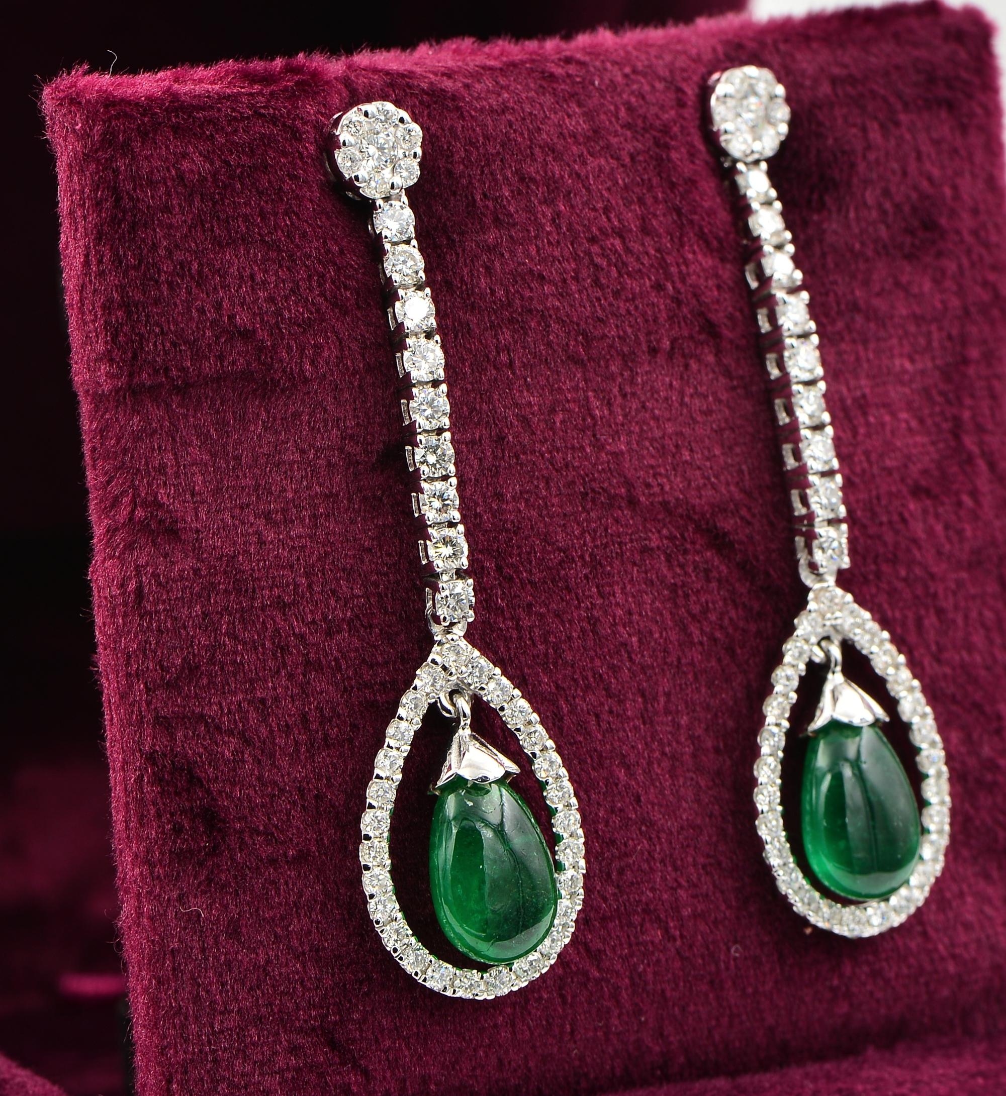 Pear Cut Estate 3.67 Ct Emerald Drop 2.20 Ct Diamond Long eardrops For Sale