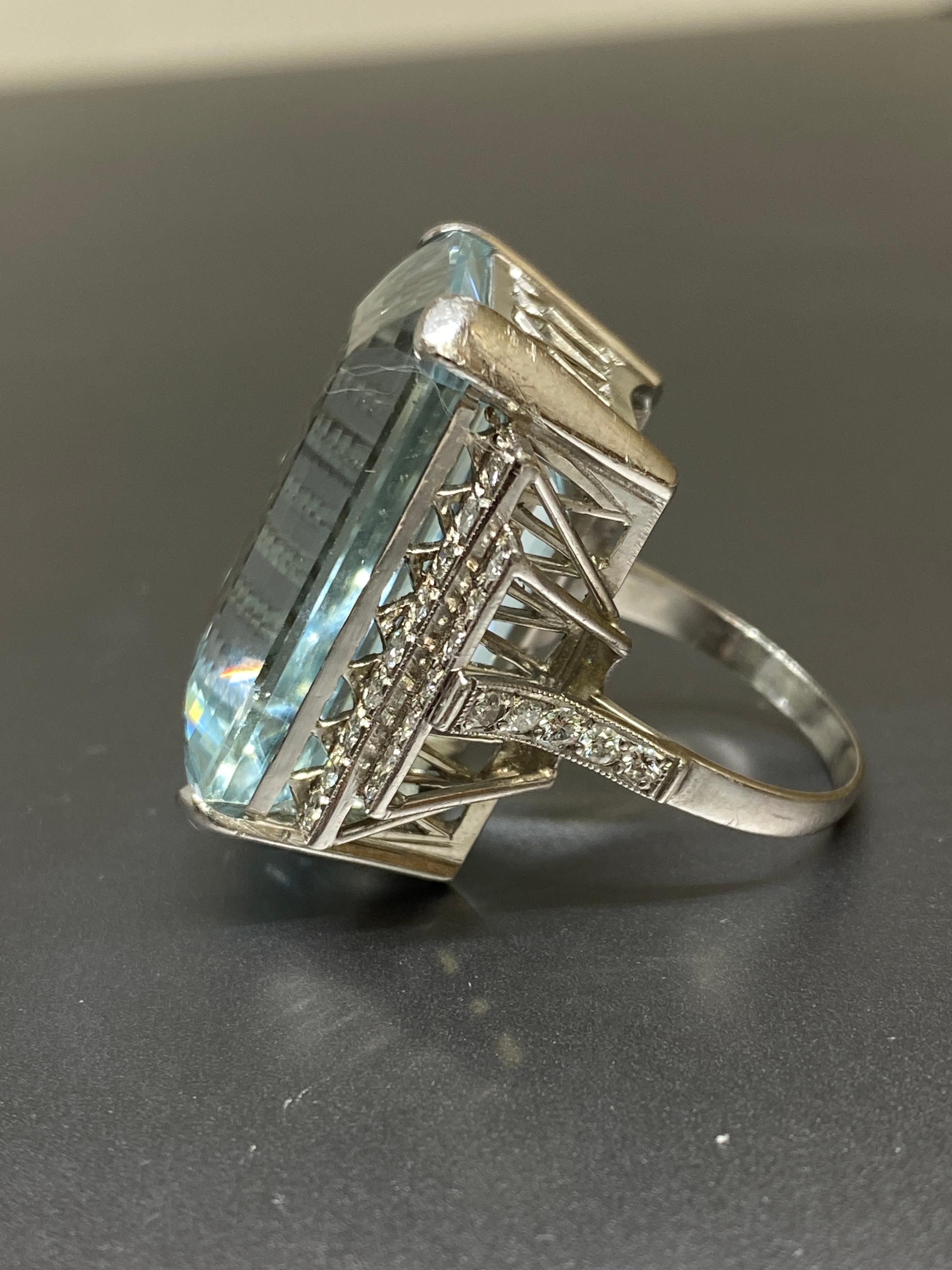 Estate 38.72ct  Natural Blue Emerald Cut Aquamarine & Diamond Platinum Ring For Sale 6